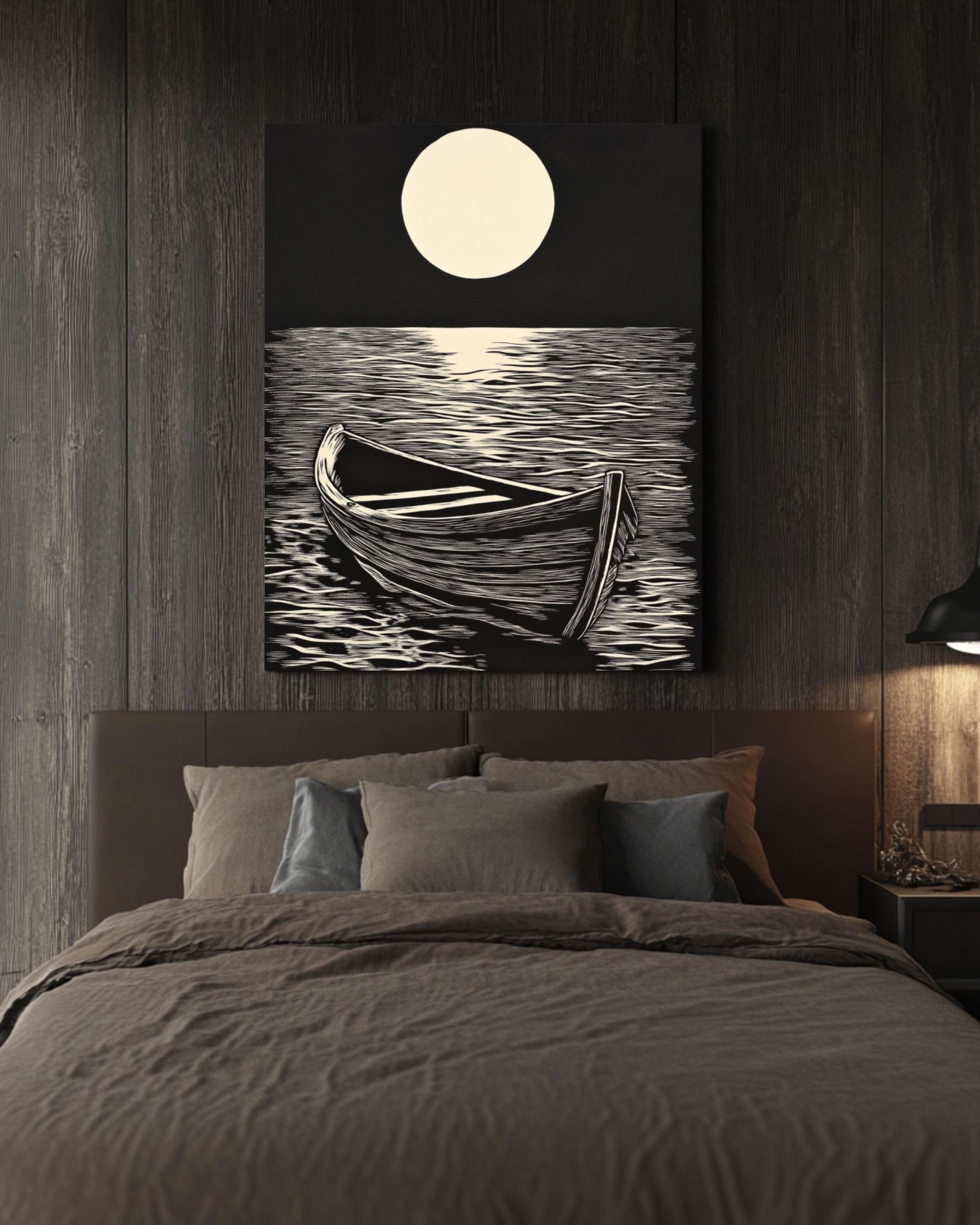 Linocut Boat Print: Vintage Nautical Seascape Art Canvas Wall Art – Modern Decor Print