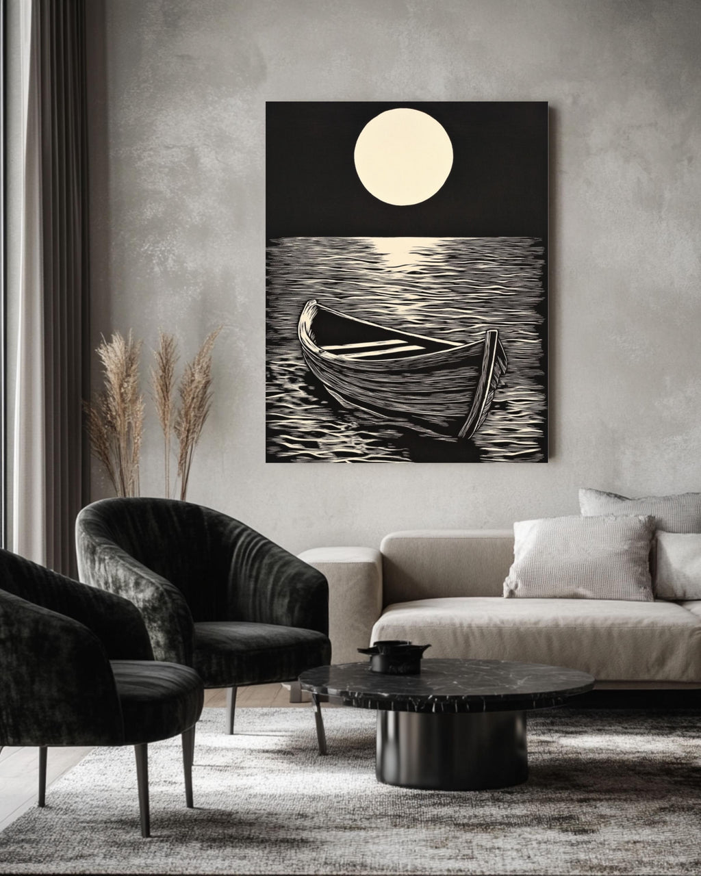 Linocut Boat Print: Vintage Nautical Seascape Art Canvas Wall Art – Modern Decor Print