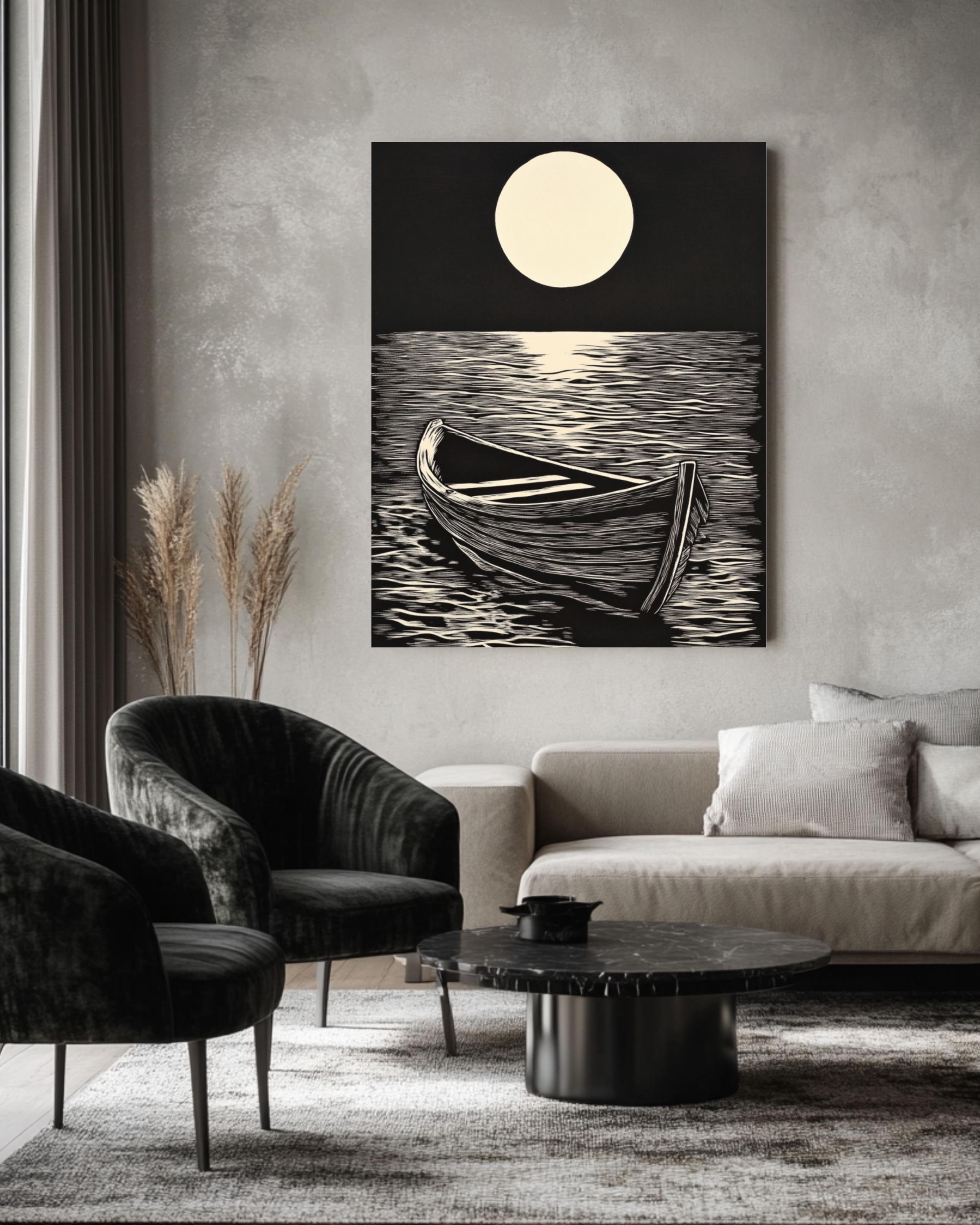 Linocut Boat Print: Vintage Nautical Seascape Art Canvas Wall Art – Modern Decor Print
