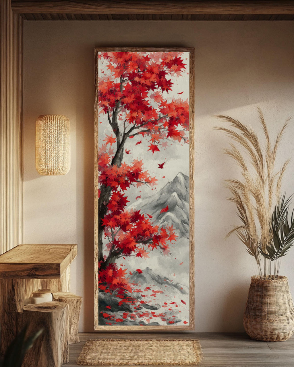 Red Maple Tree Asian Art Print: Autumn Landscape Wall Decor Canvas Wall Art – Modern Decor Print