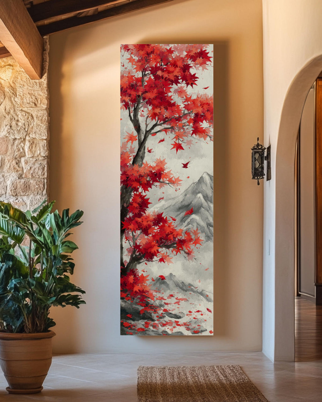 Red Maple Tree Asian Art Print: Autumn Landscape Wall Decor Canvas Wall Art – Modern Decor Print