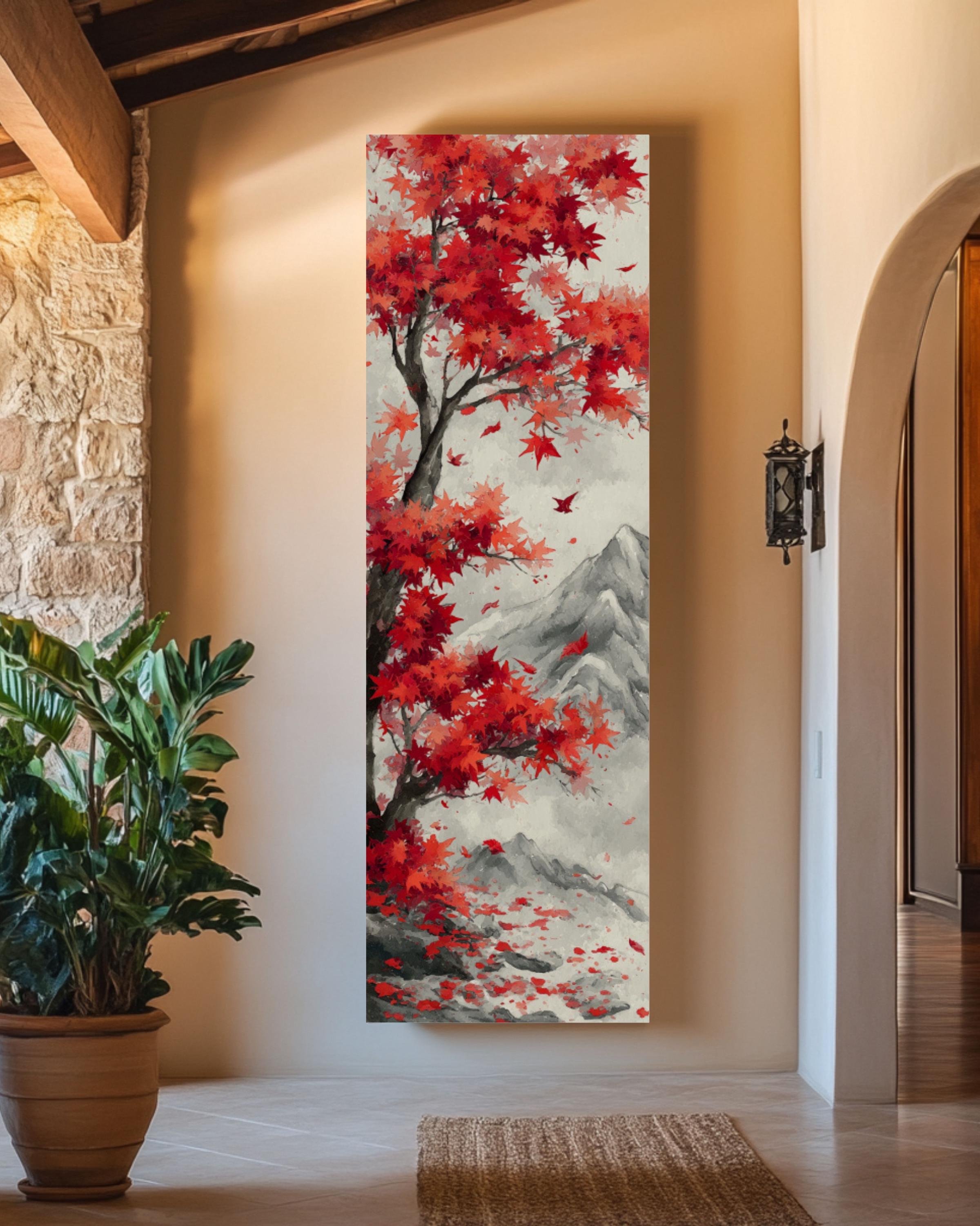 Red Maple Tree Asian Art Print: Autumn Landscape Wall Decor Canvas Wall Art – Modern Decor Print