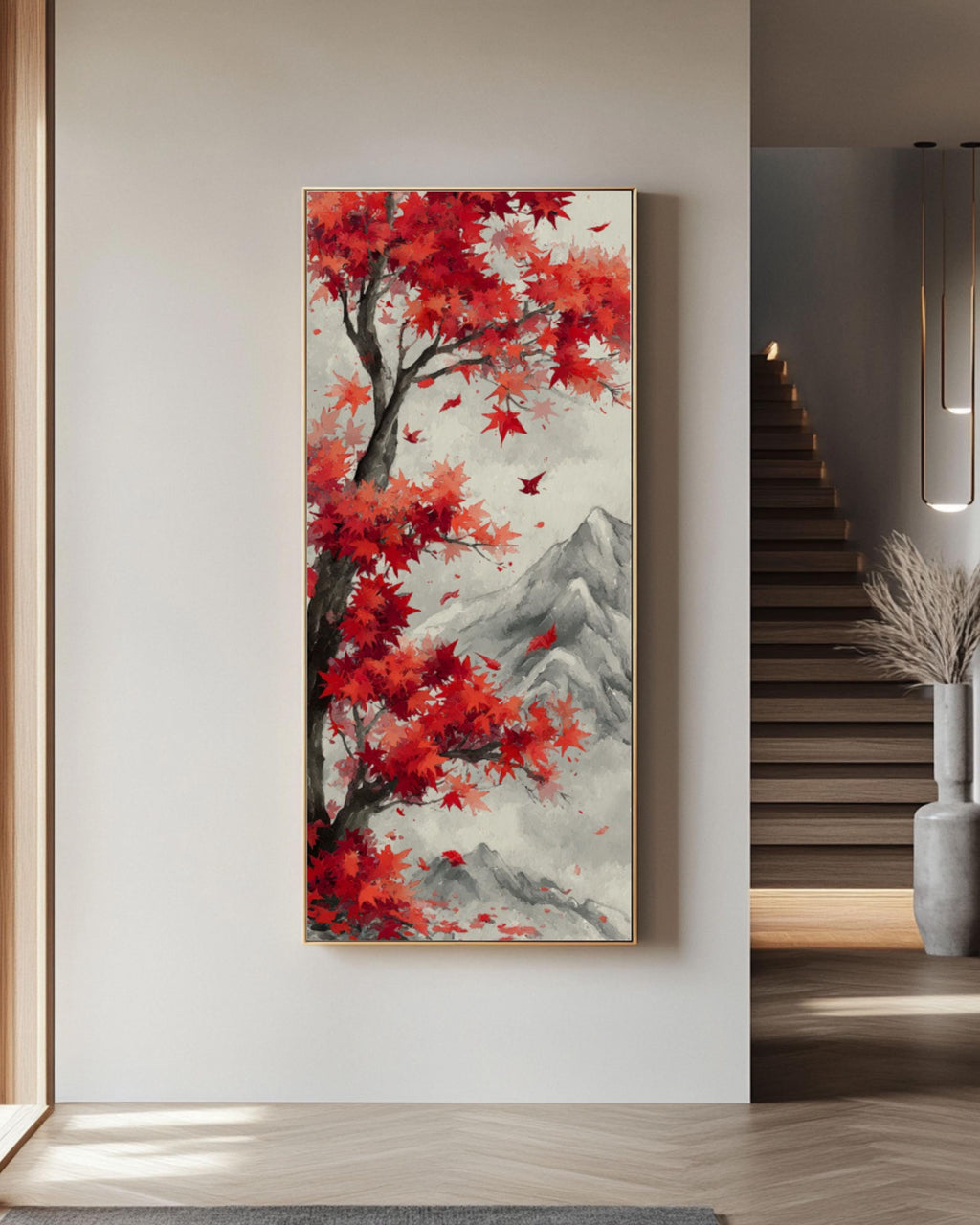Red Maple Tree Asian Art Print: Autumn Landscape Wall Decor Canvas Wall Art – Modern Decor Print