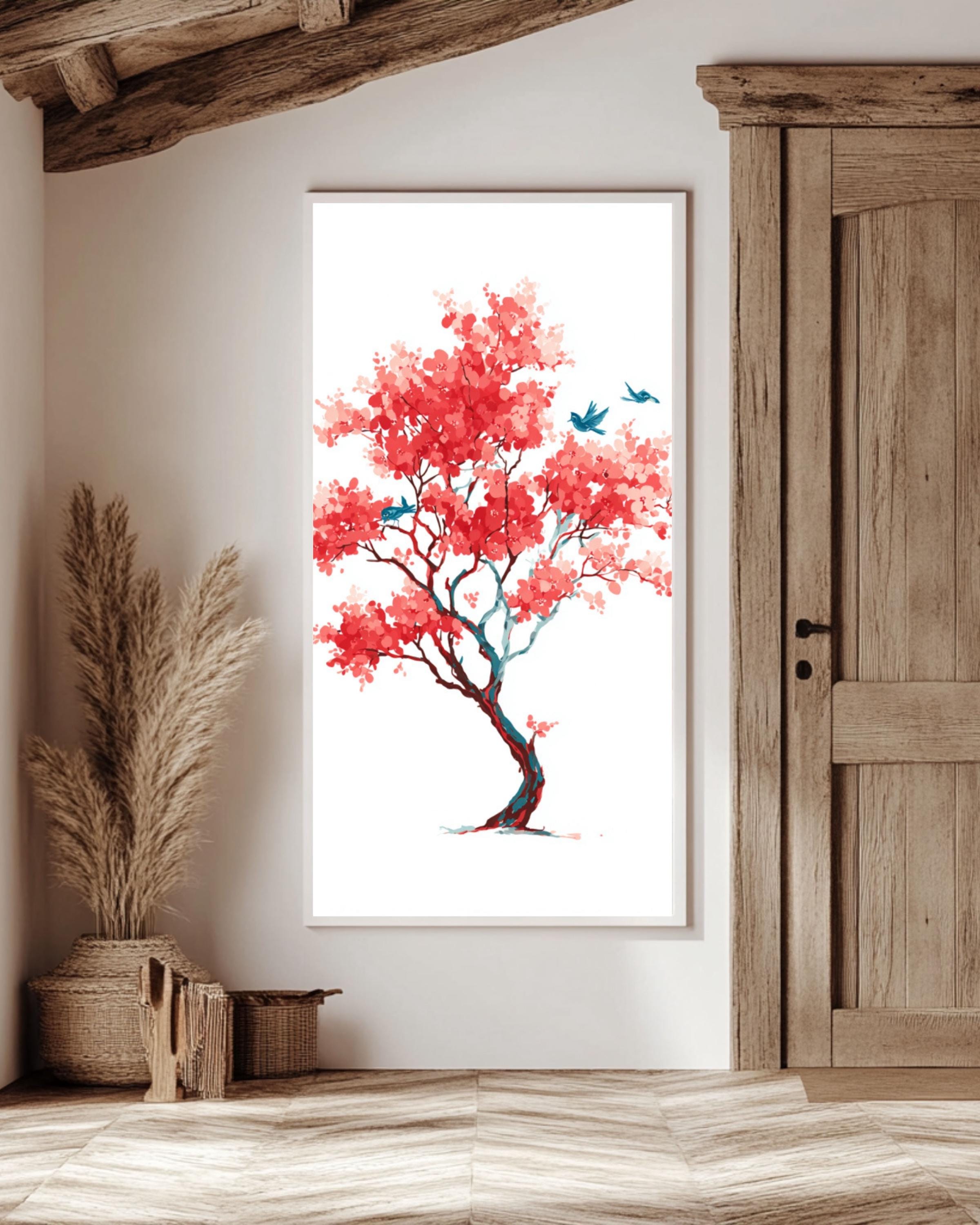 Matisse-Inspired Cherry Blossom Print: Minimalist Red Tree & Blue Birds Canvas Wall Art – Modern Decor Print