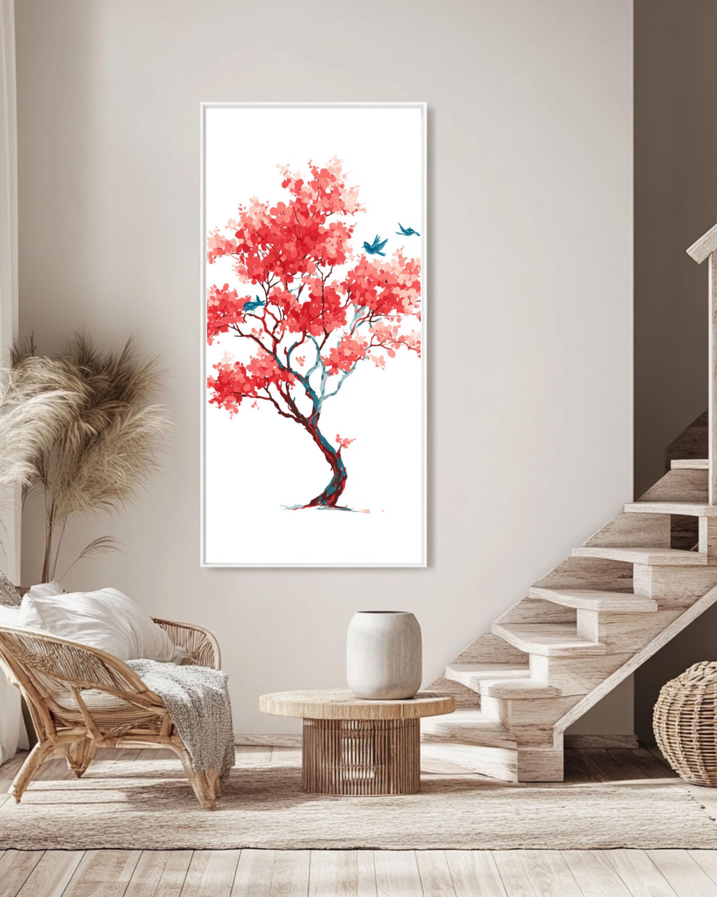 Matisse-Inspired Cherry Blossom Print: Minimalist Red Tree & Blue Birds Canvas Wall Art – Modern Decor Print