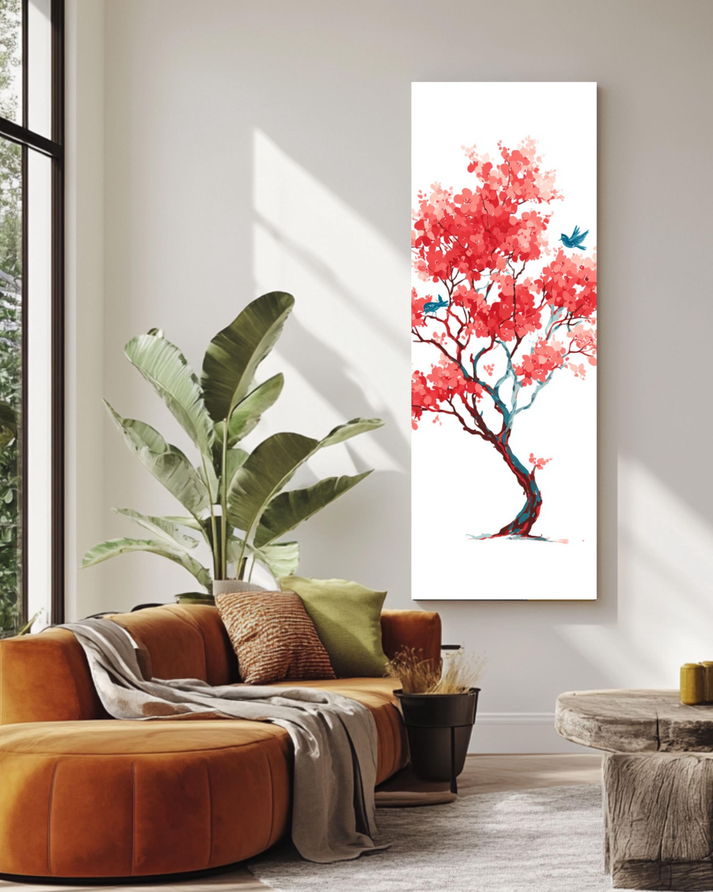 Matisse-Inspired Cherry Blossom Print: Minimalist Red Tree & Blue Birds Canvas Wall Art – Modern Decor Print