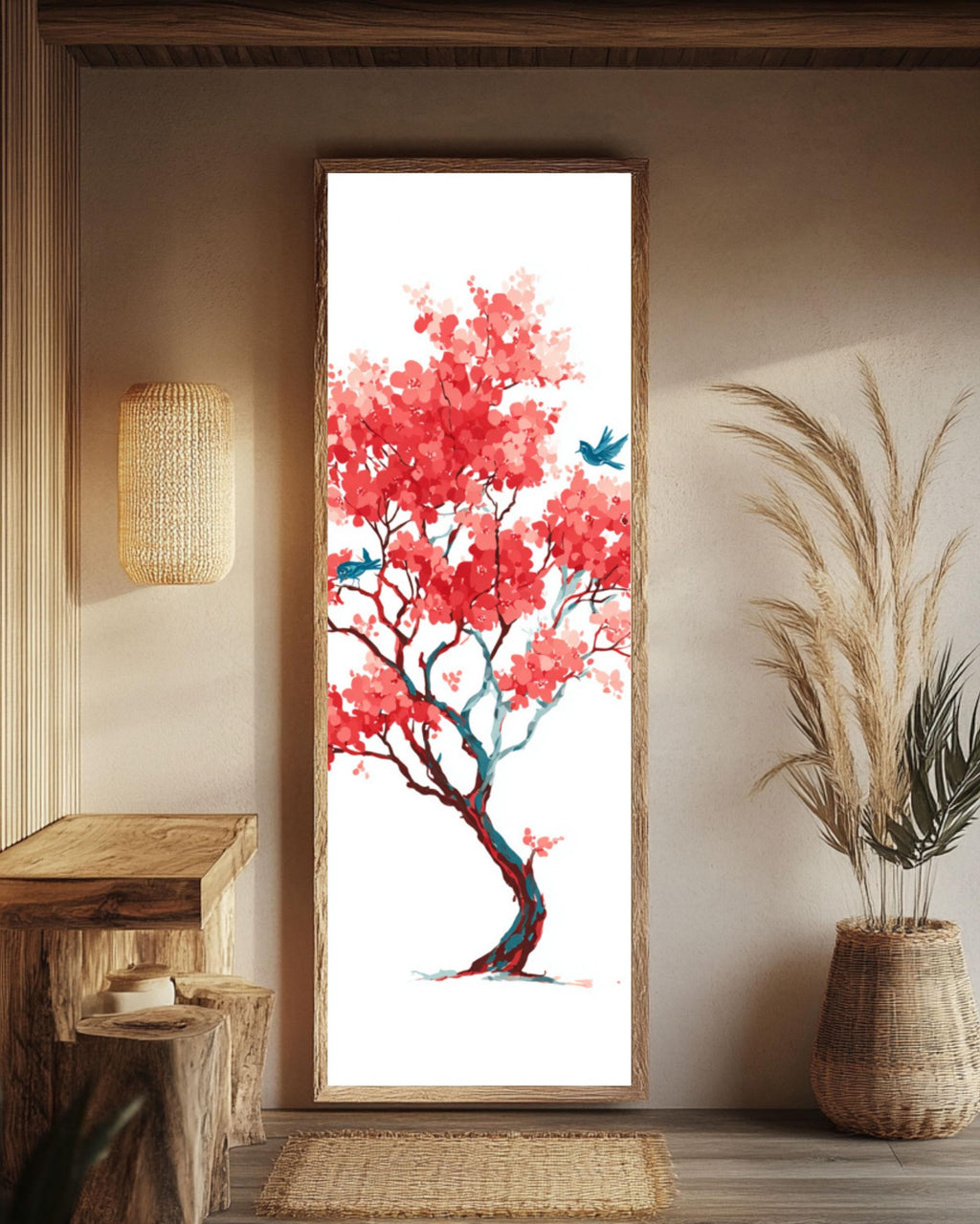 Matisse-Inspired Cherry Blossom Print: Minimalist Red Tree & Blue Birds Canvas Wall Art – Modern Decor Print