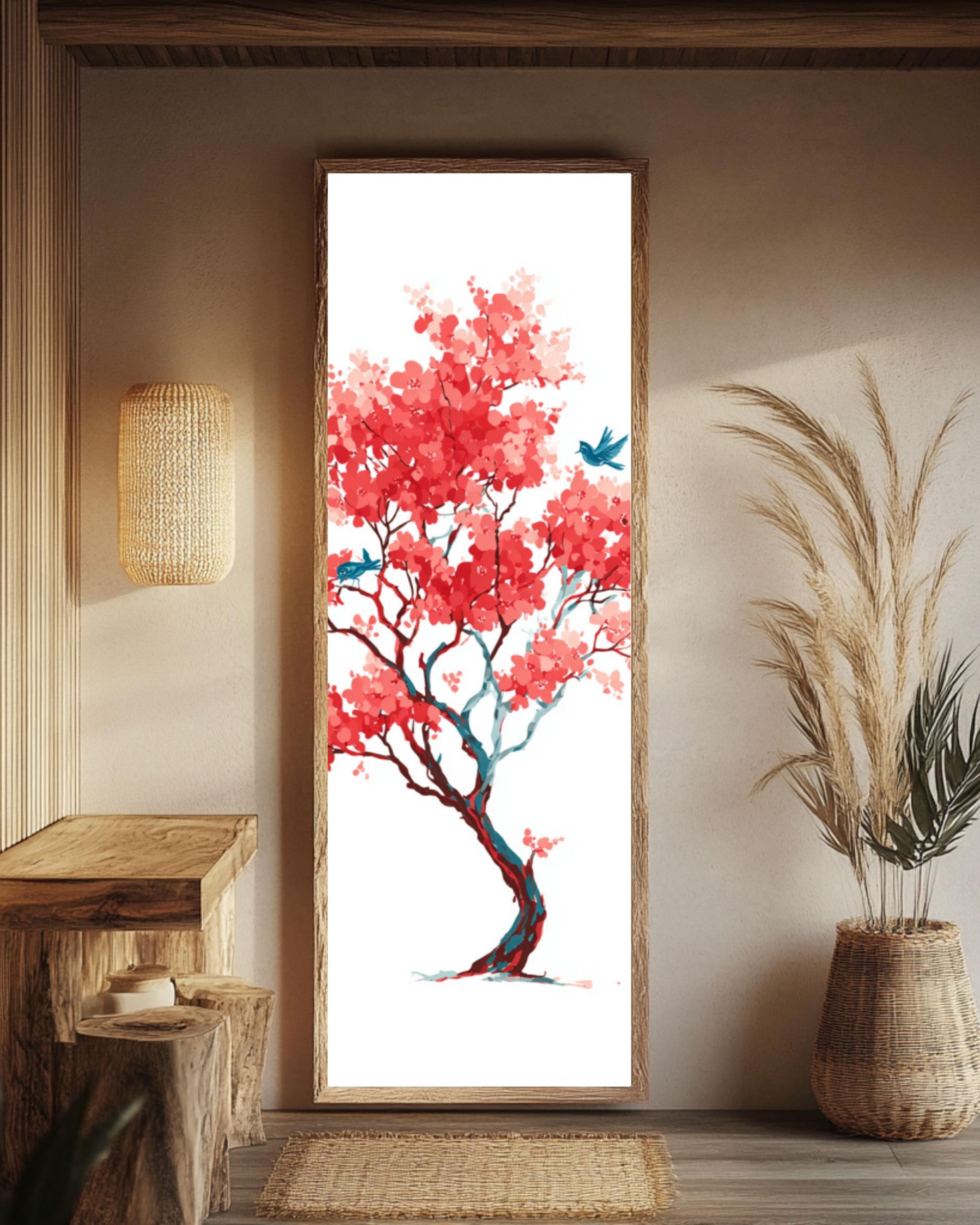 Matisse-Inspired Cherry Blossom Print: Minimalist Red Tree & Blue Birds Canvas Wall Art – Modern Decor Print