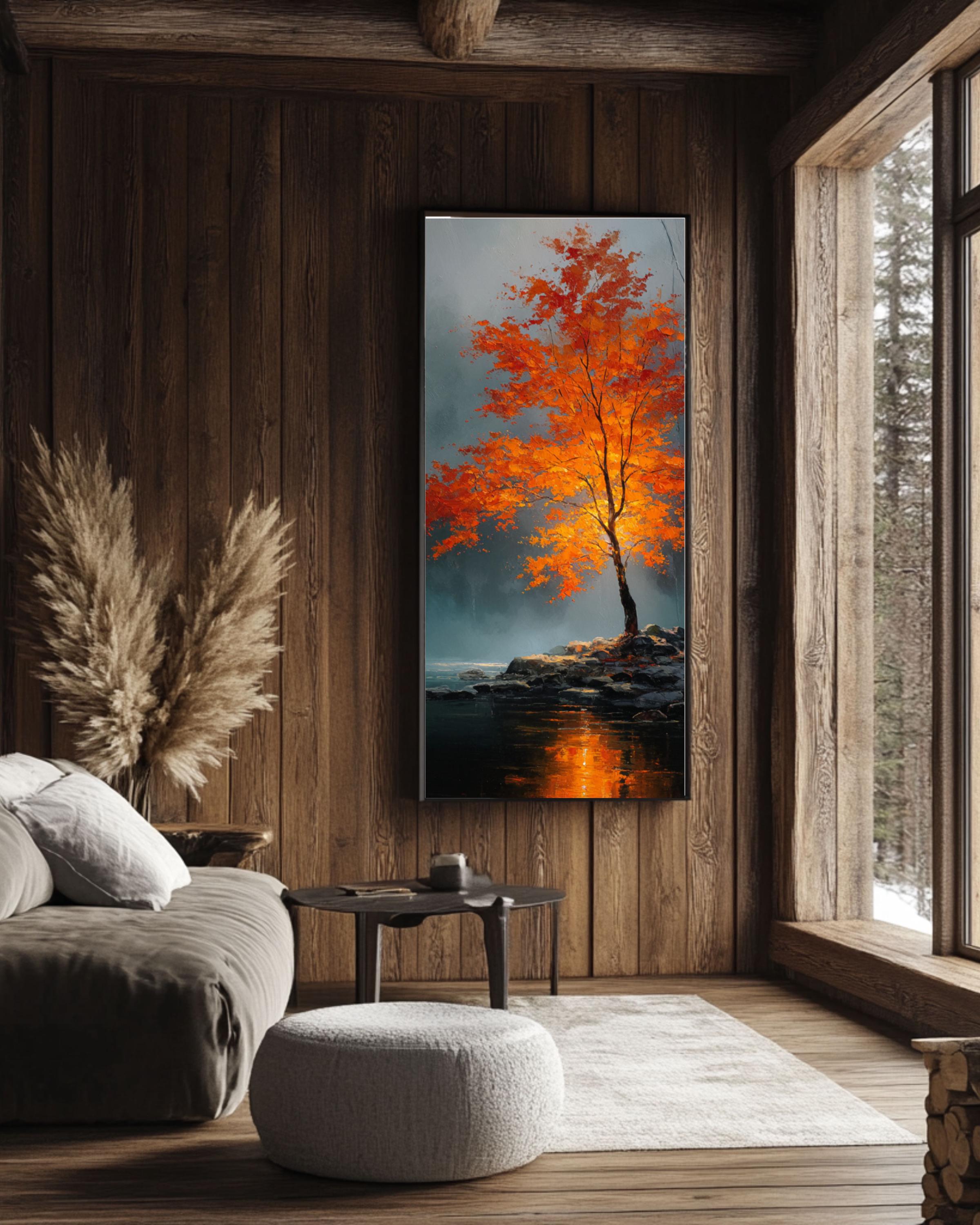 Majestic Autumn Tree Art: Moody Gothic Landscape, Fantasy Oil Painting Canvas Wall Art – Modern Decor Print