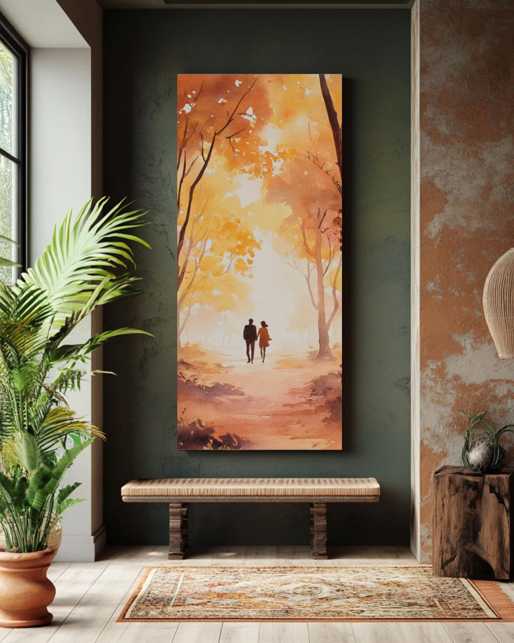 Autumn Couple Watercolor Art Print: Romantic Fall Forest Scene Canvas Wall Art – Modern Decor Print
