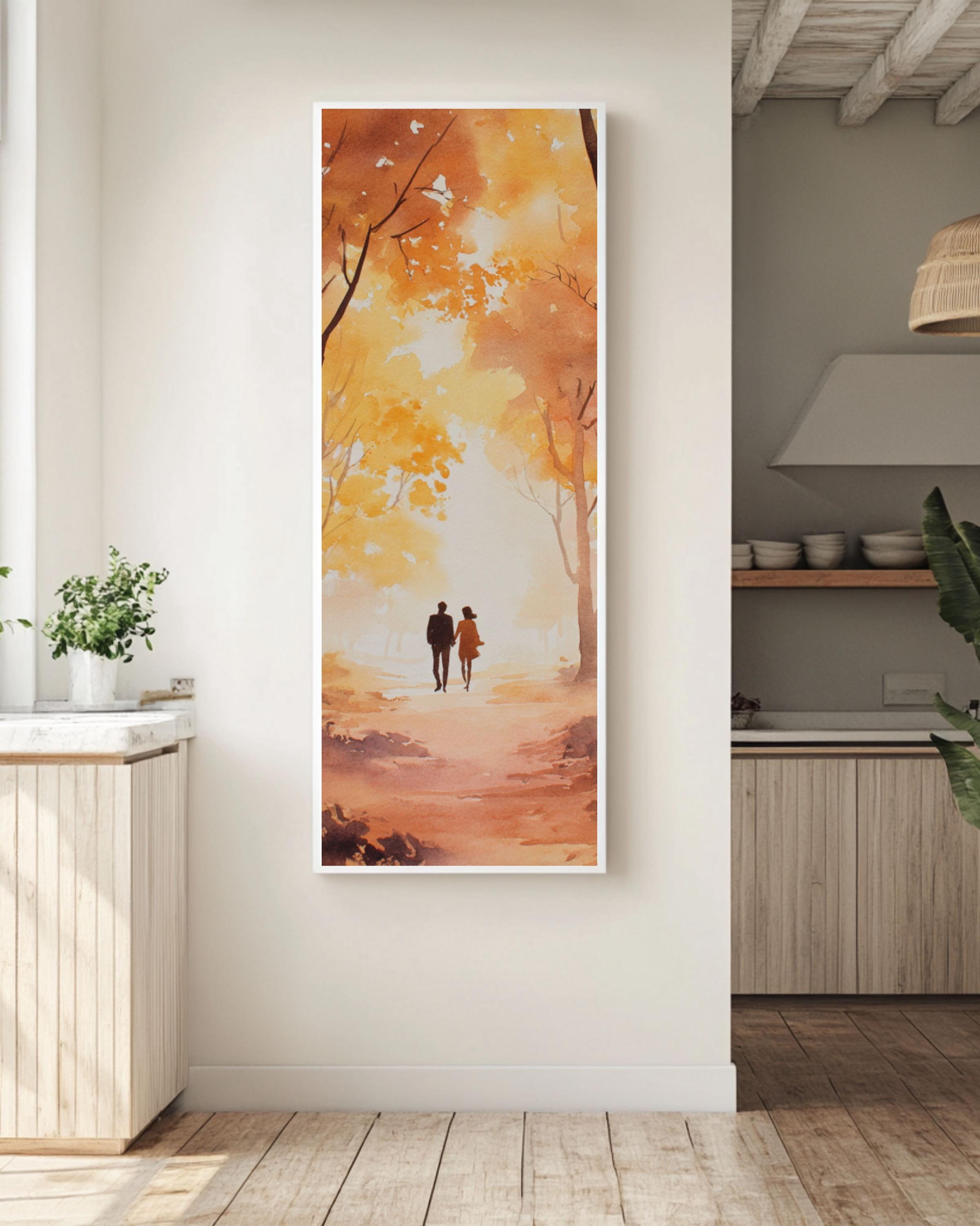 Autumn Couple Watercolor Art Print: Romantic Fall Forest Scene Canvas Wall Art – Modern Decor Print