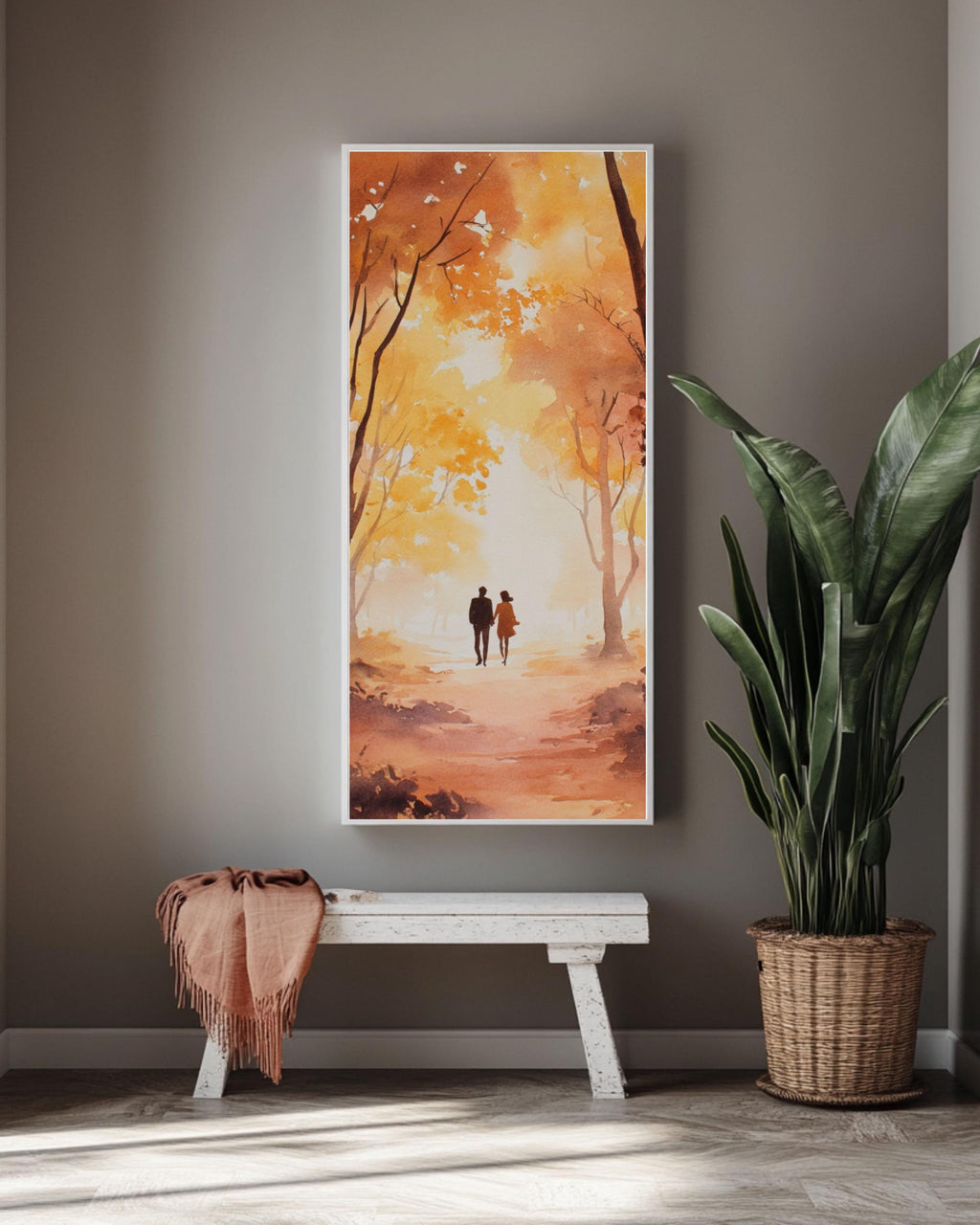 Autumn Couple Watercolor Art Print: Romantic Fall Forest Scene Canvas Wall Art – Modern Decor Print