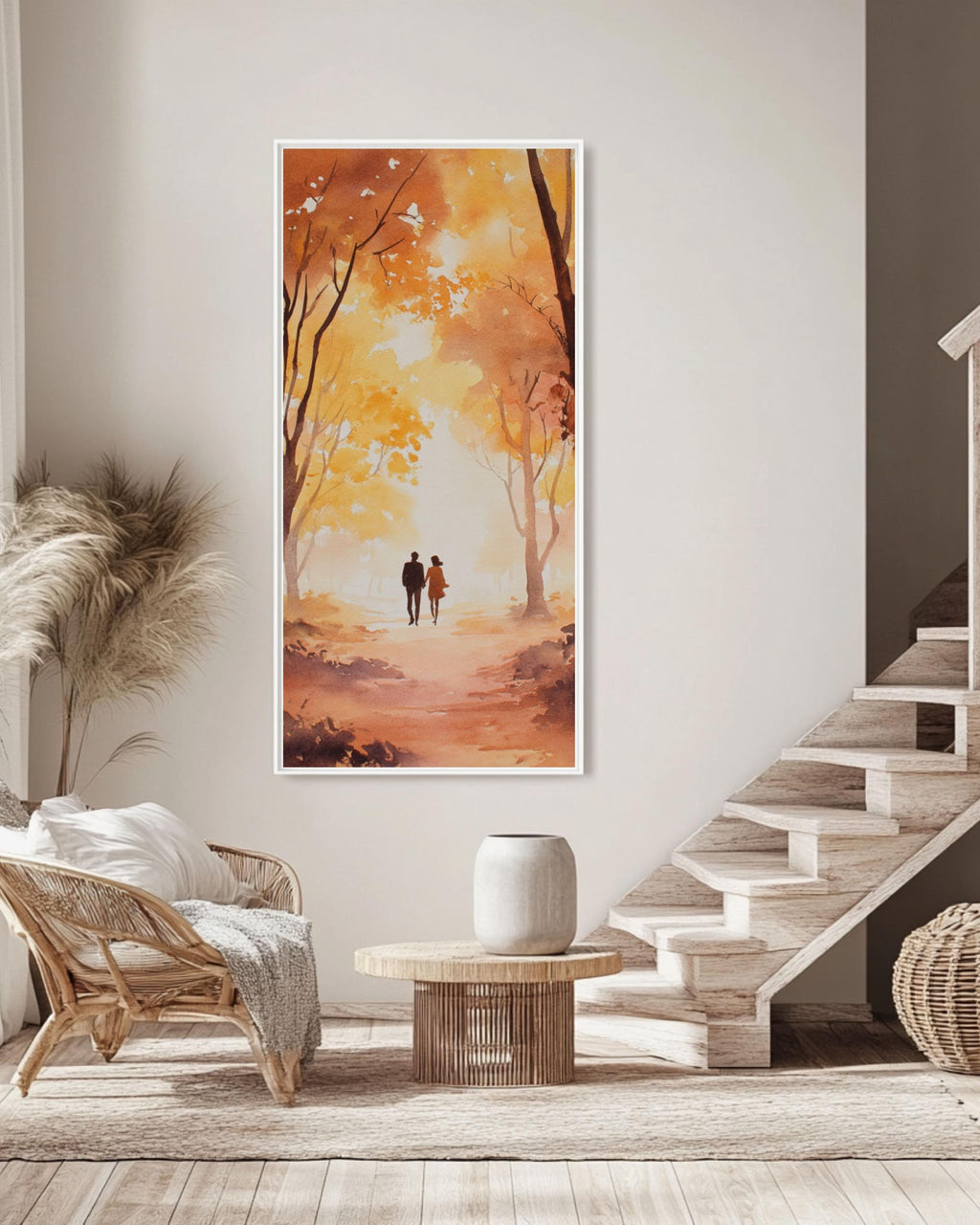Autumn Couple Watercolor Art Print: Romantic Fall Forest Scene Canvas Wall Art – Modern Decor Print