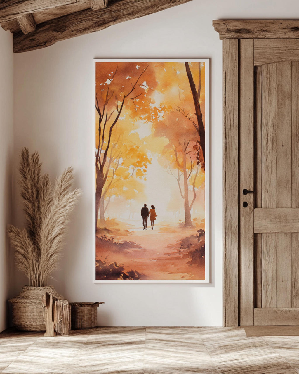 Autumn Couple Watercolor Art Print: Romantic Fall Forest Scene Canvas Wall Art – Modern Decor Print