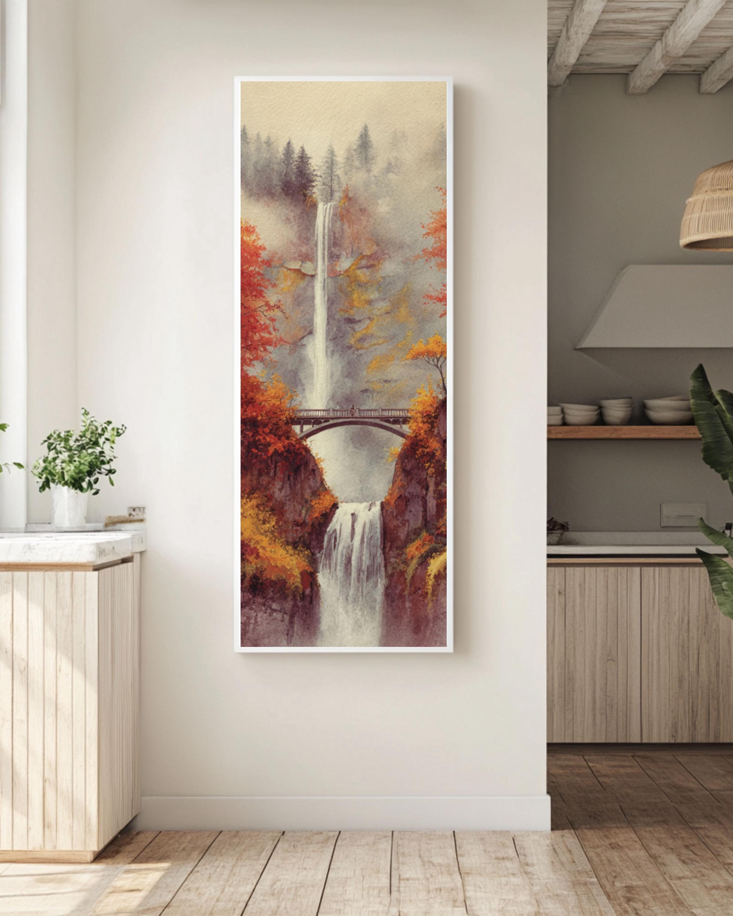 Multnomah Falls Autumn Watercolor Art Print: Oregon Landscape Wall Decor Canvas Wall Art – Modern Decor Print