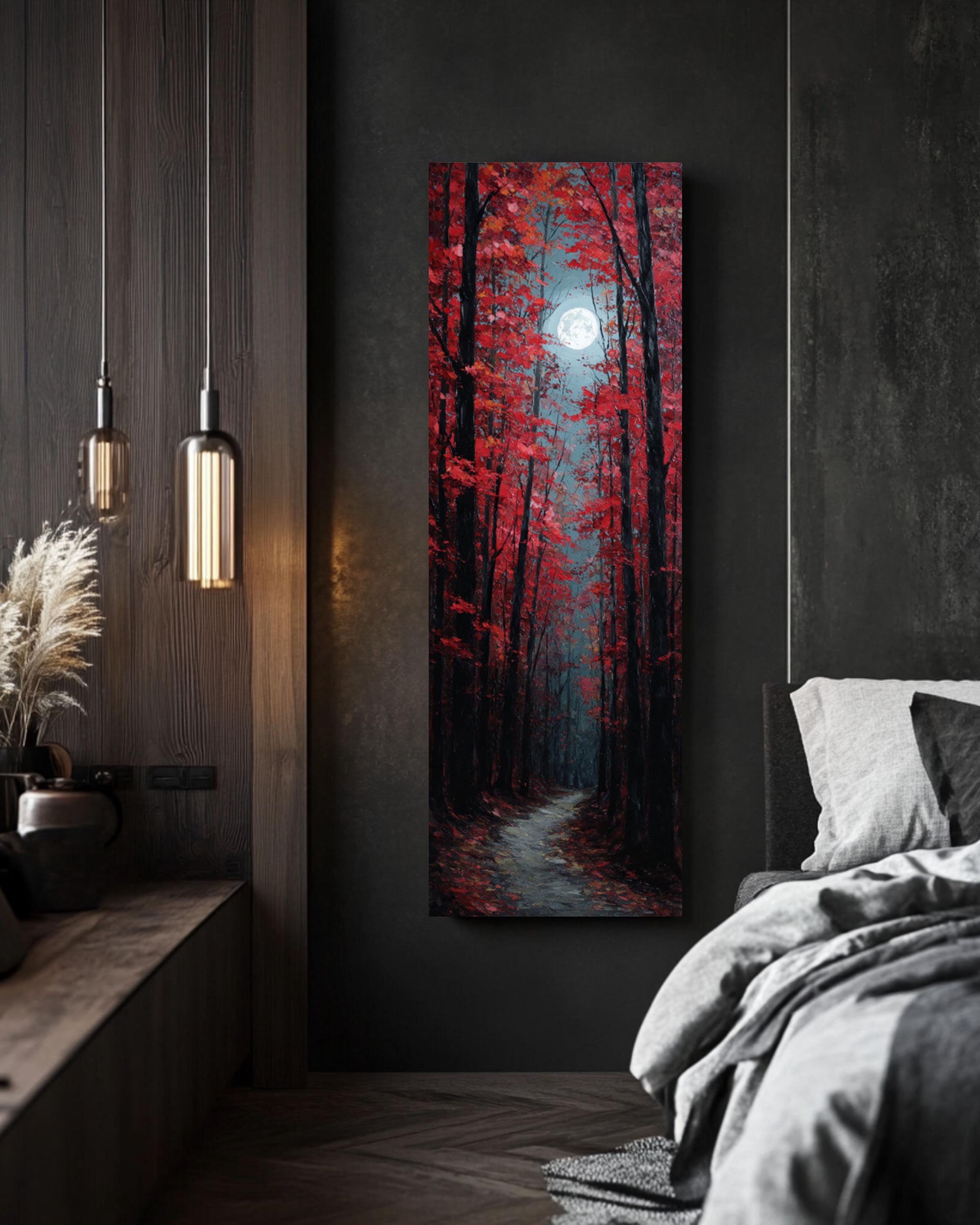 Red Maple Forest Path Painting: Moody Autumn Wall Art, Wooden Frame Option Canvas Wall Art – Modern Decor Print