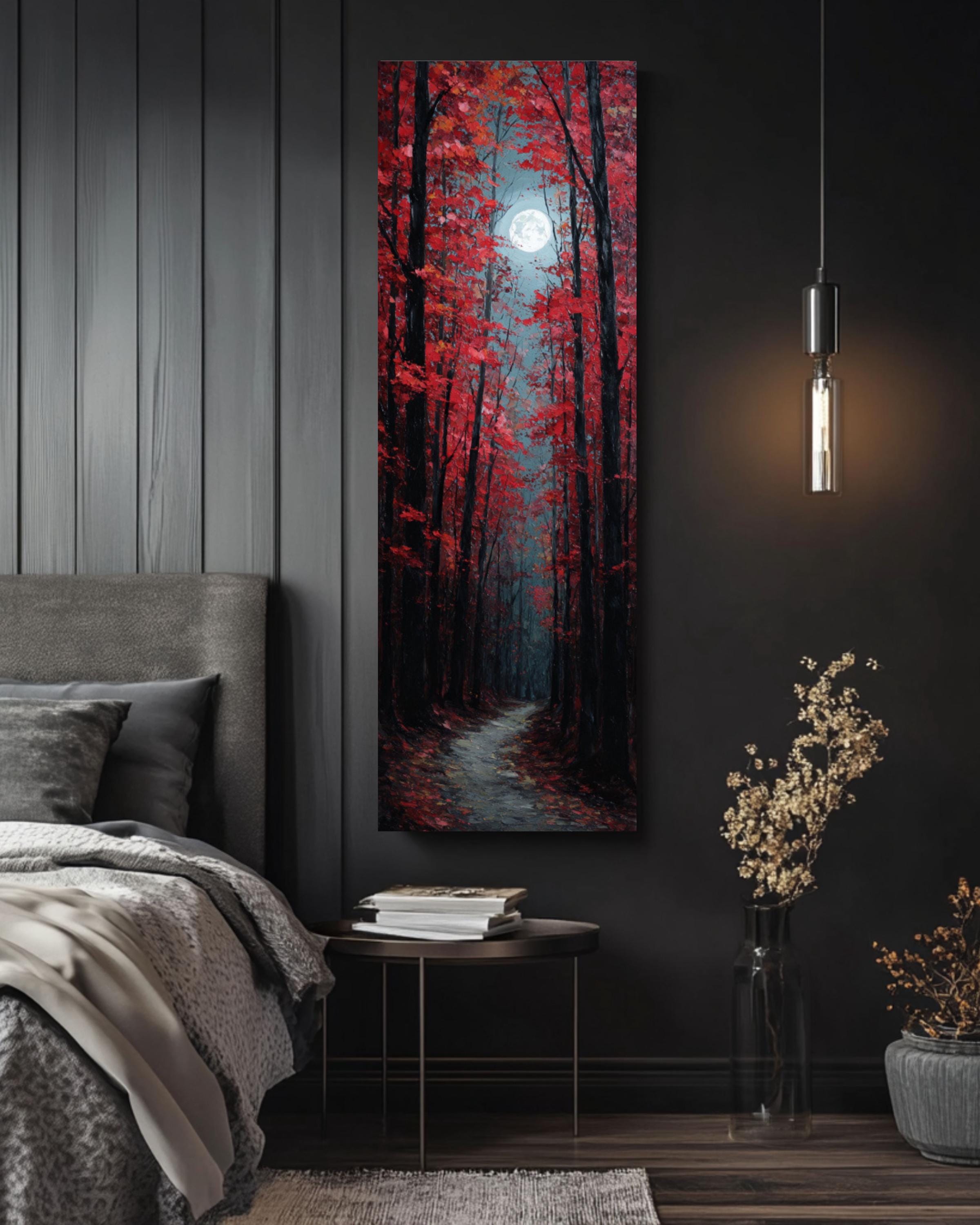 Red Maple Forest Path Painting: Moody Autumn Wall Art, Wooden Frame Option Canvas Wall Art – Modern Decor Print