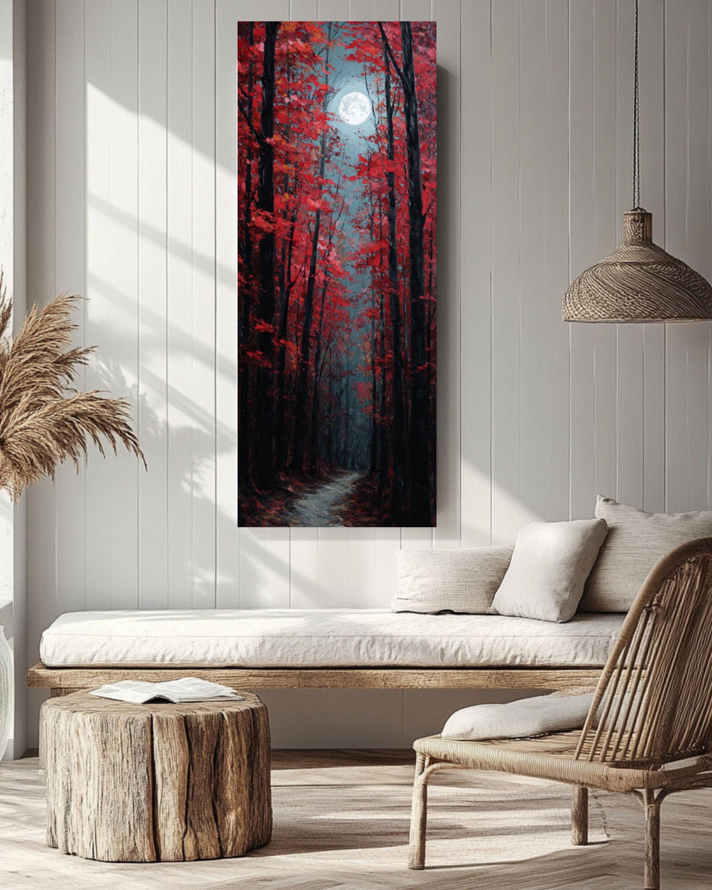 Red Maple Forest Path Painting: Moody Autumn Wall Art, Wooden Frame Option Canvas Wall Art – Modern Decor Print