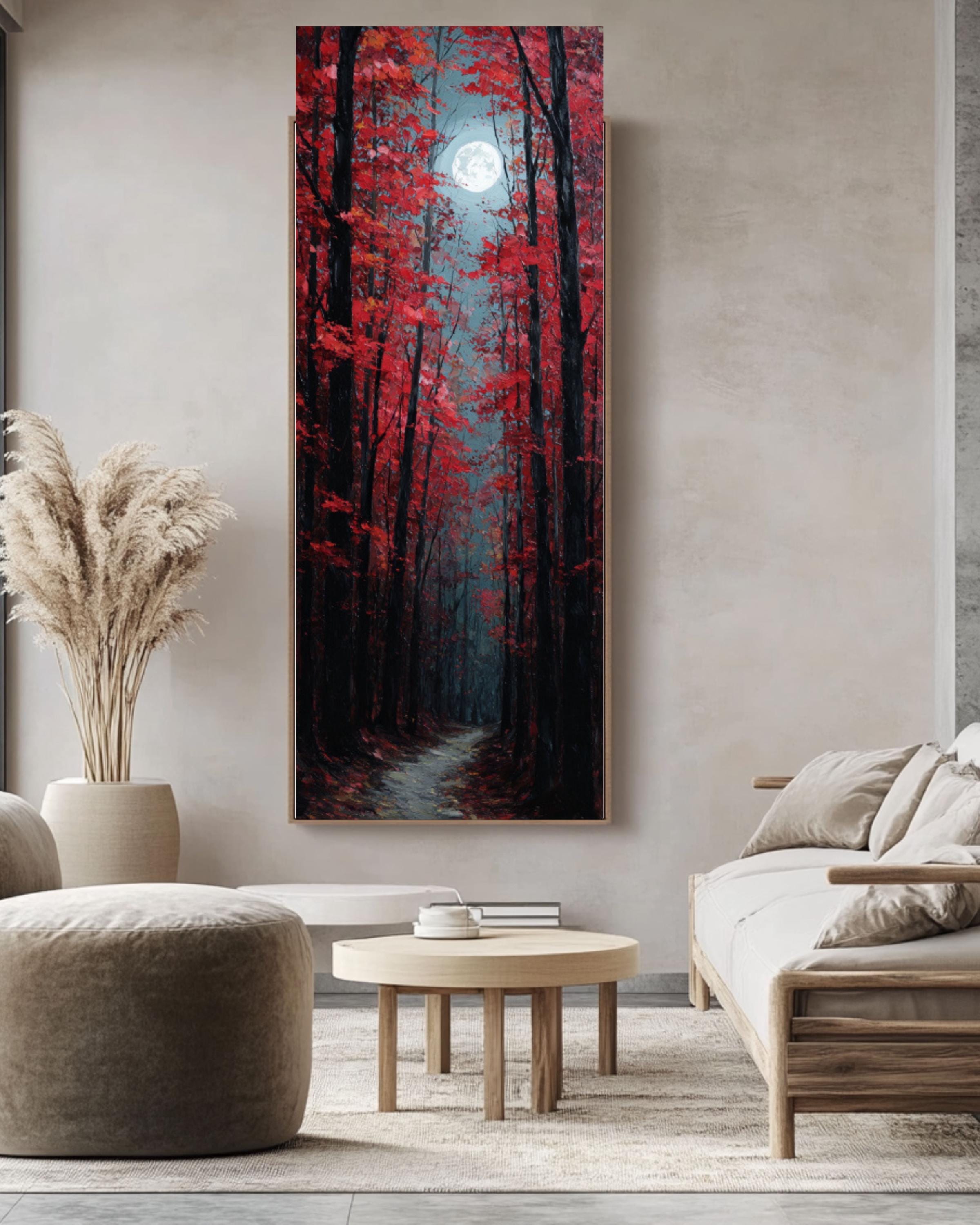Red Maple Forest Path Painting: Moody Autumn Wall Art, Wooden Frame Option Canvas Wall Art – Modern Decor Print