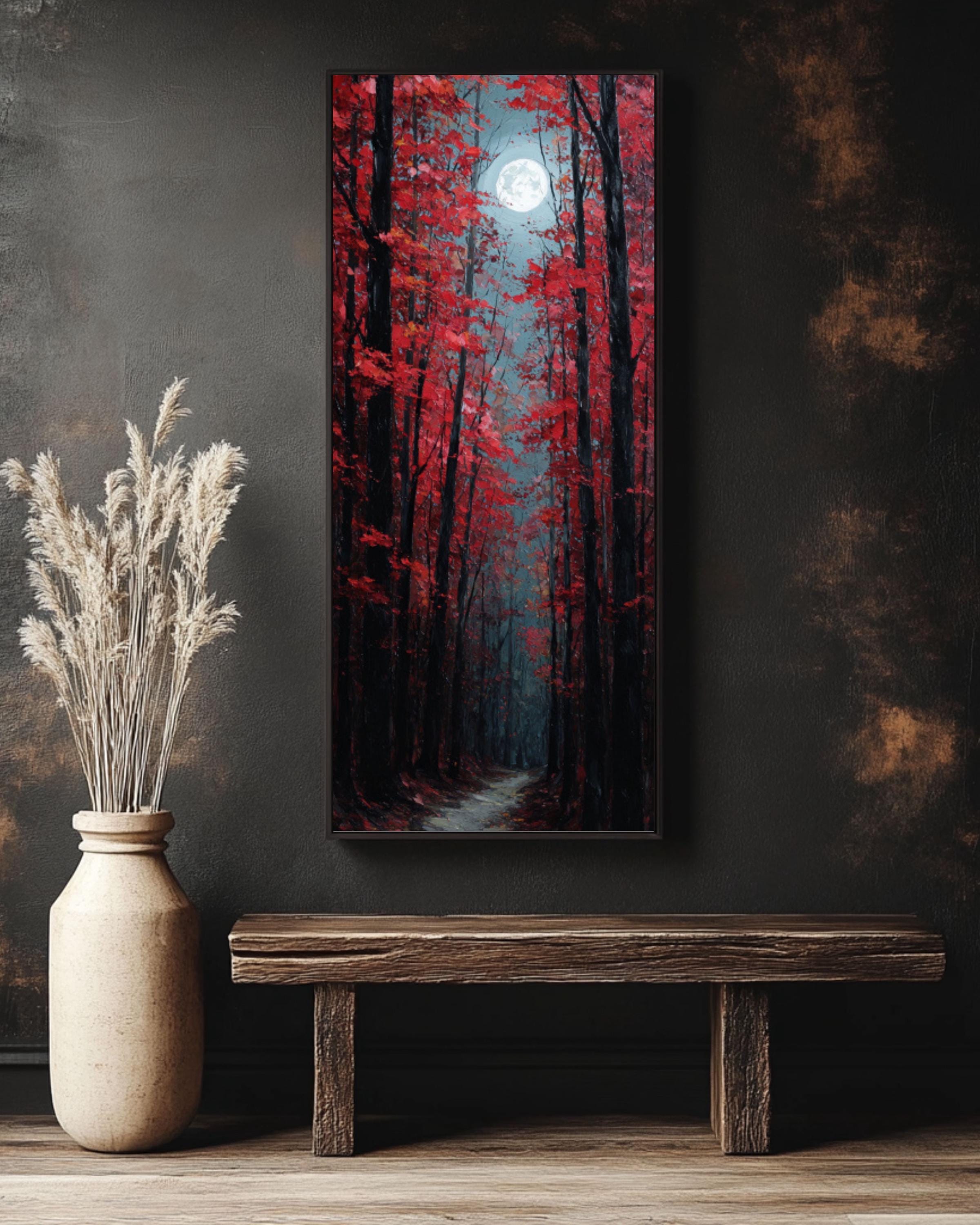 Red Maple Forest Path Painting: Moody Autumn Wall Art, Wooden Frame Option Canvas Wall Art – Modern Decor Print