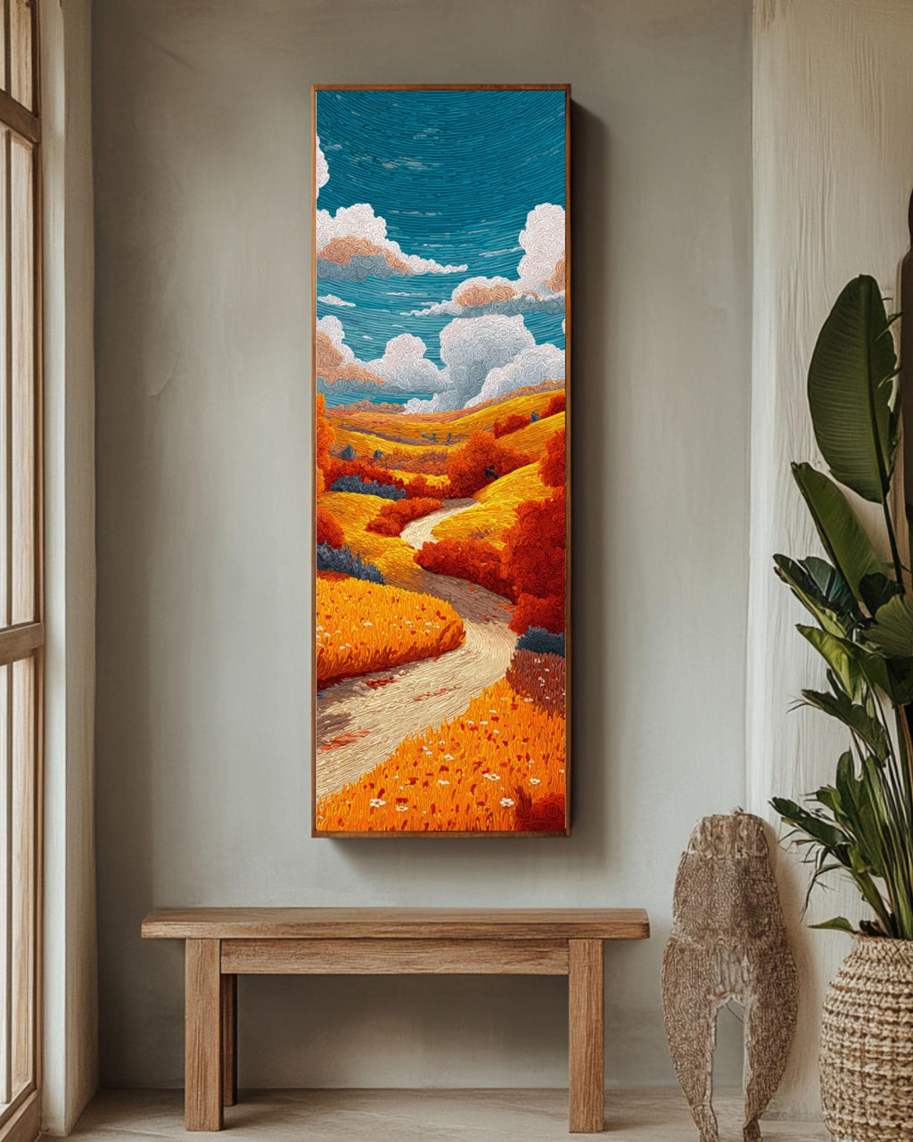 Autumn Countryside Landscape Art: Whimsical Kids Illustration Style Canvas Wall Art – Modern Decor Print