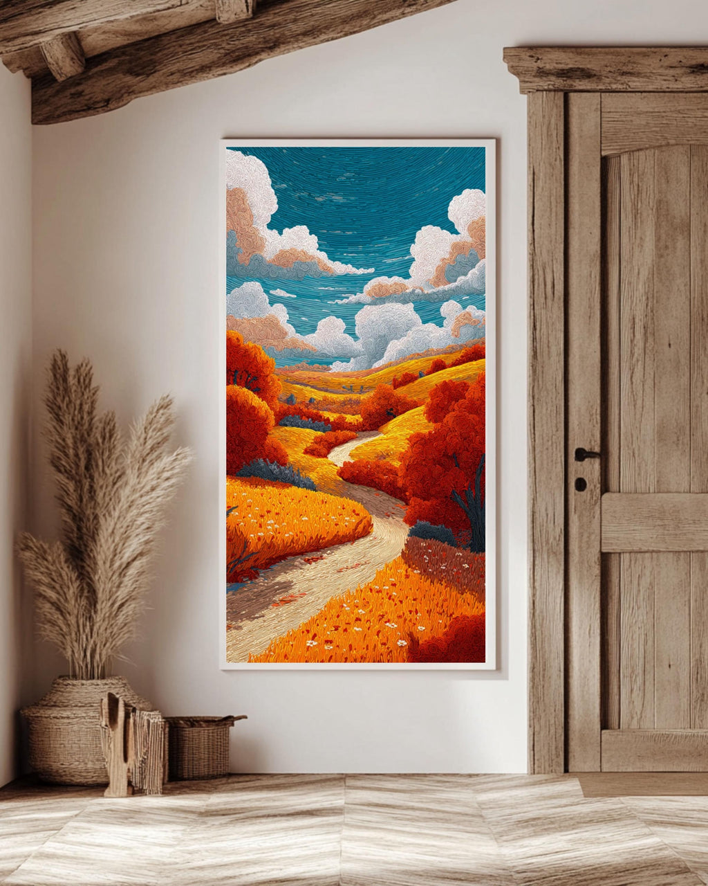 Autumn Countryside Landscape Art: Whimsical Kids Illustration Style Canvas Wall Art – Modern Decor Print