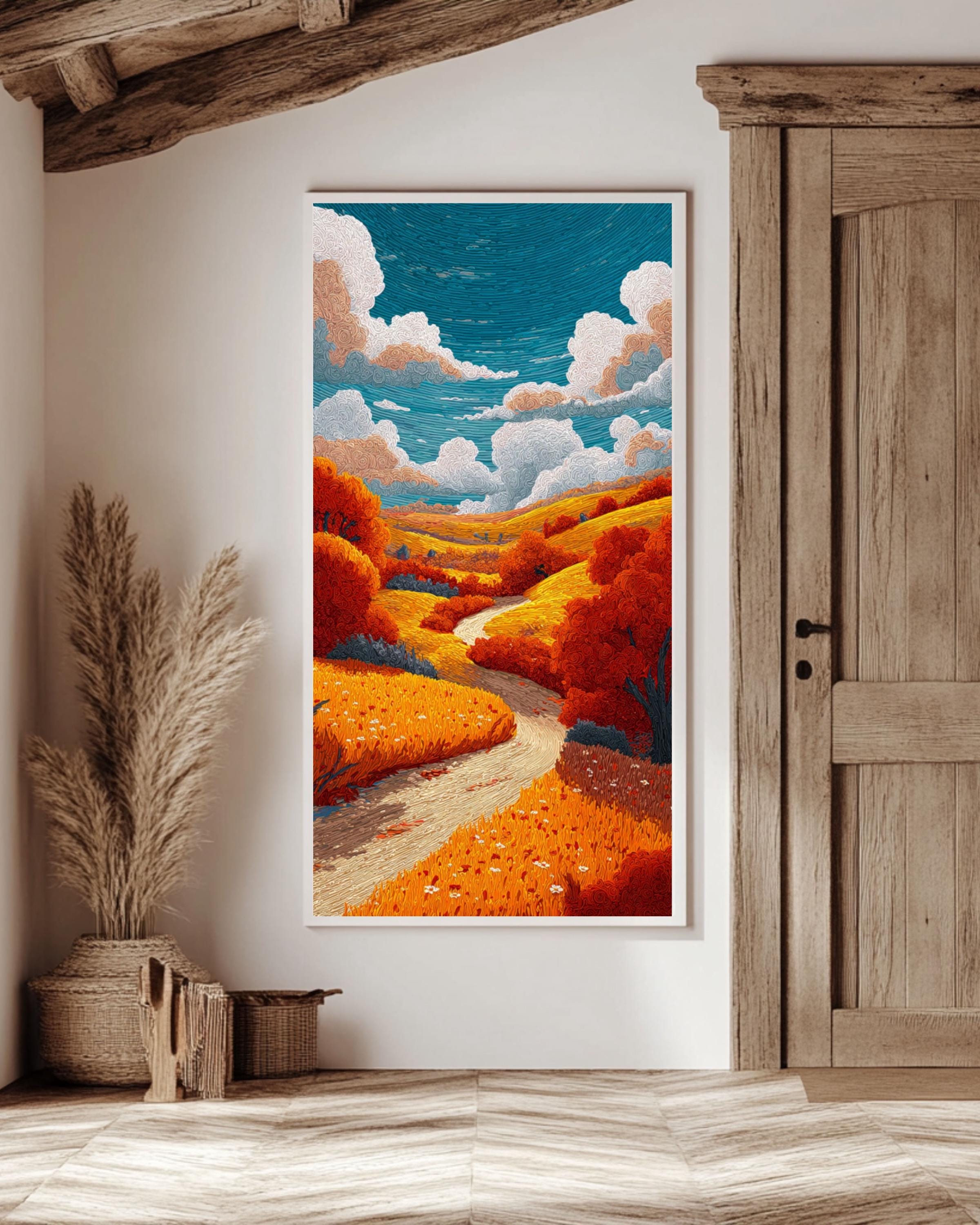 Autumn Countryside Landscape Art: Whimsical Kids Illustration Style Canvas Wall Art – Modern Decor Print
