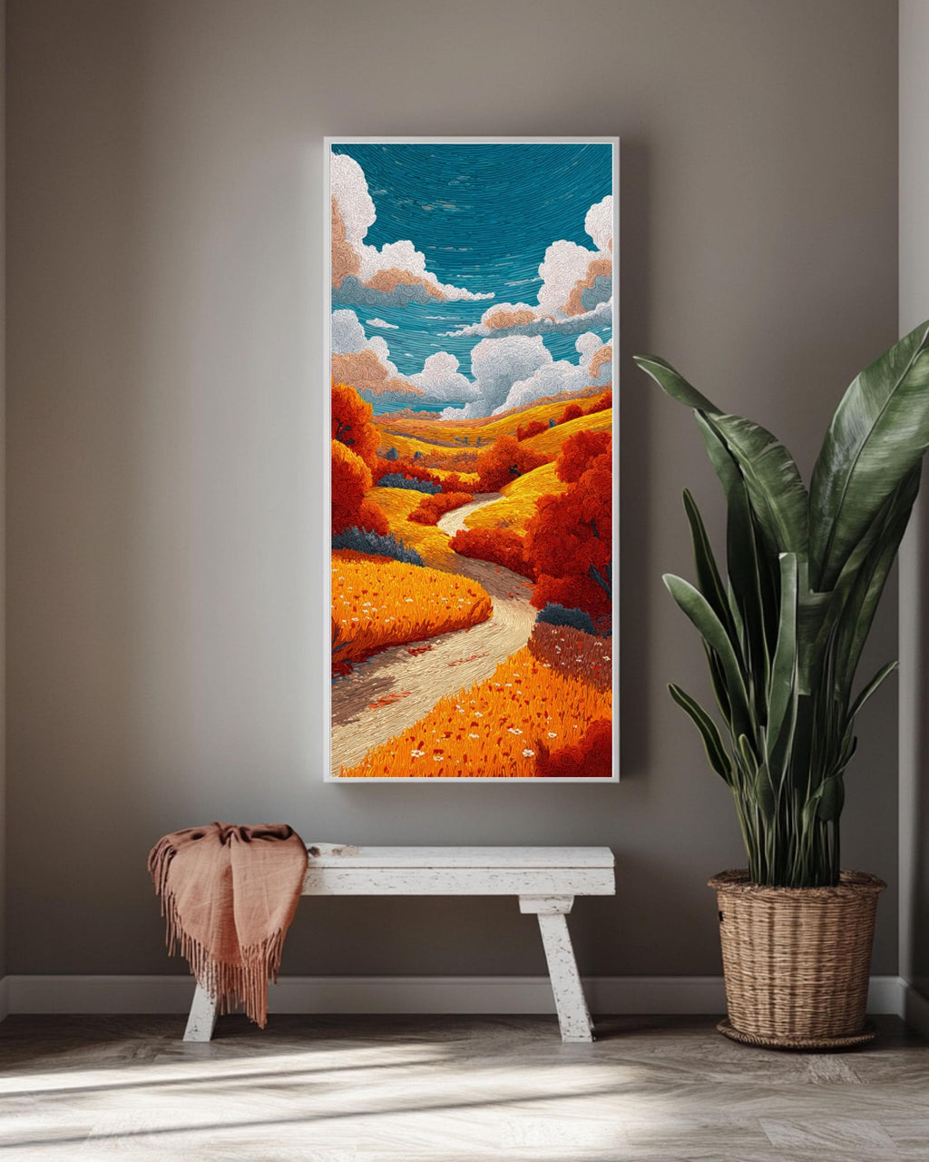 Autumn Countryside Landscape Art: Whimsical Kids Illustration Style Canvas Wall Art – Modern Decor Print