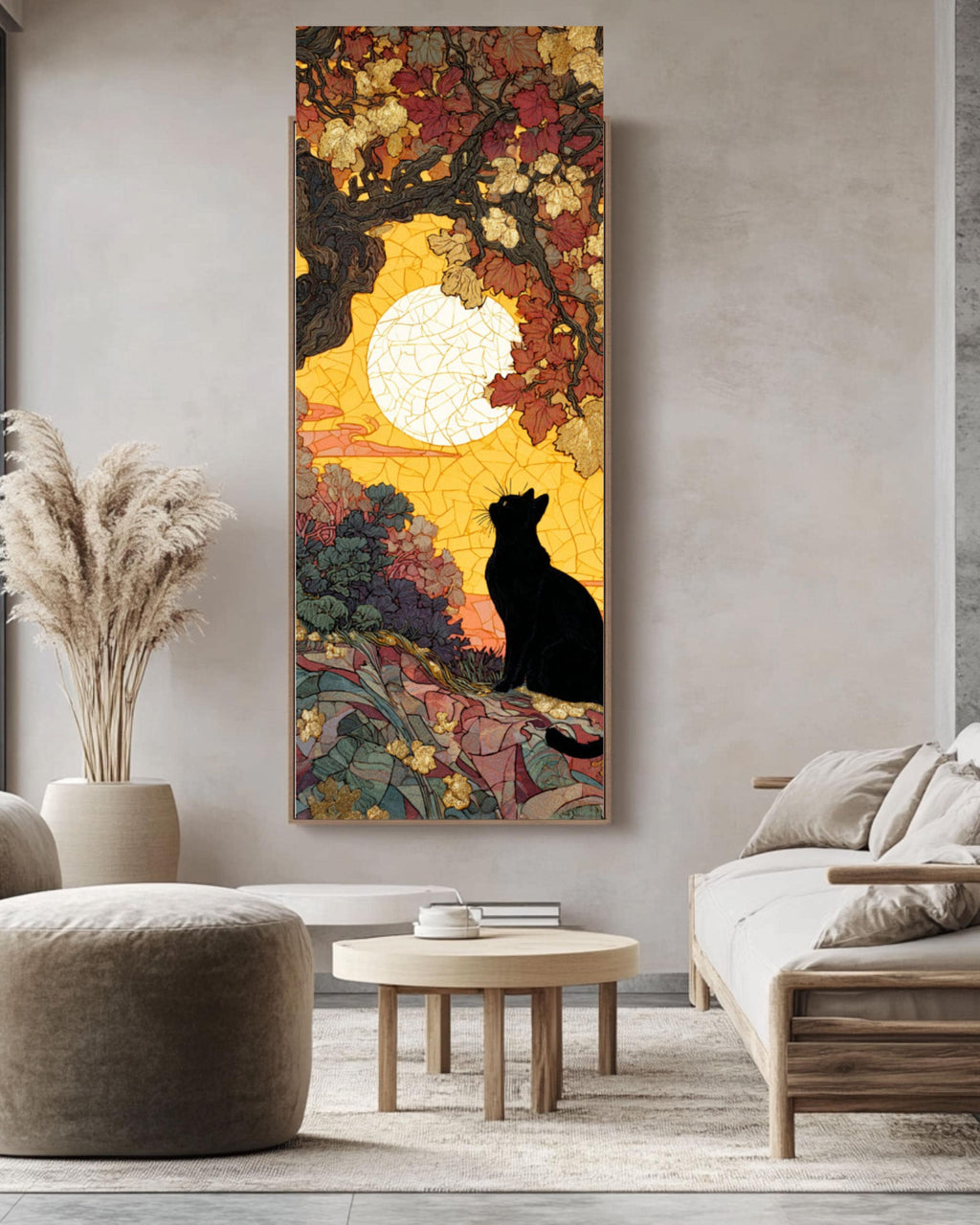 Black Cat Under Oak Tree Art Print: Mosaic Sunset, Gold Leaf Accents Canvas Wall Art – Modern Decor Print