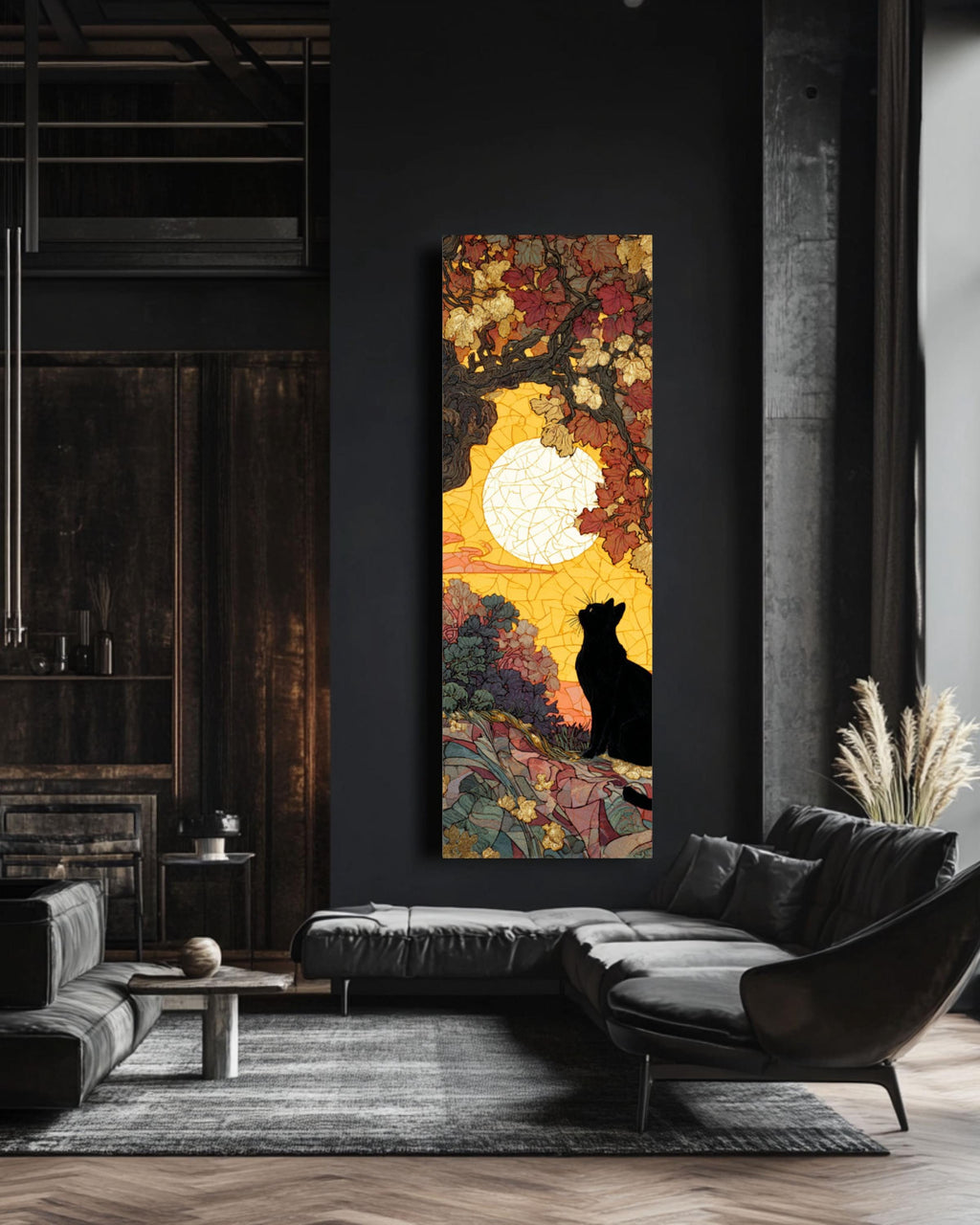 Black Cat Under Oak Tree Art Print: Mosaic Sunset, Gold Leaf Accents Canvas Wall Art – Modern Decor Print
