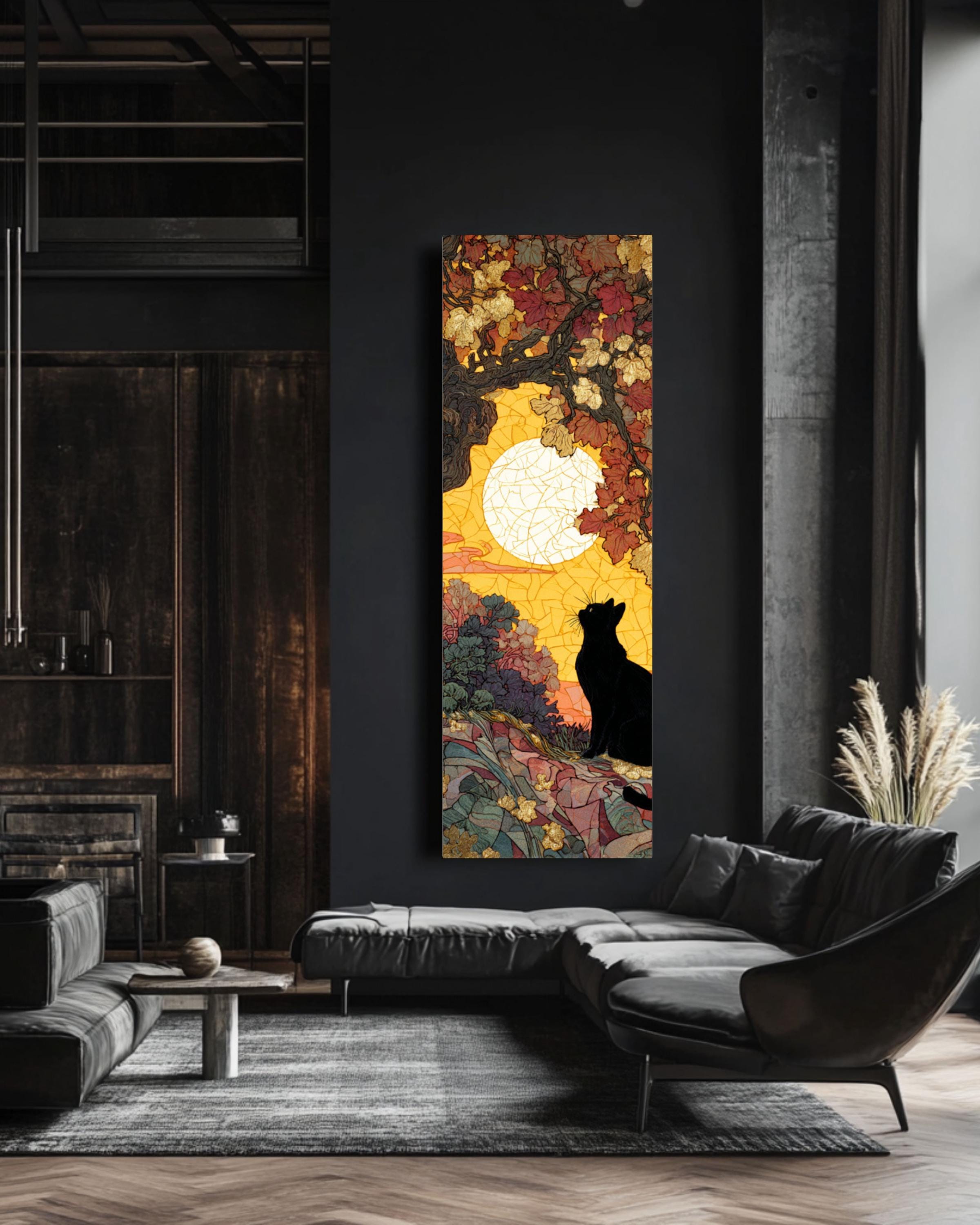 Black Cat Under Oak Tree Art Print: Mosaic Sunset, Gold Leaf Accents Canvas Wall Art – Modern Decor Print