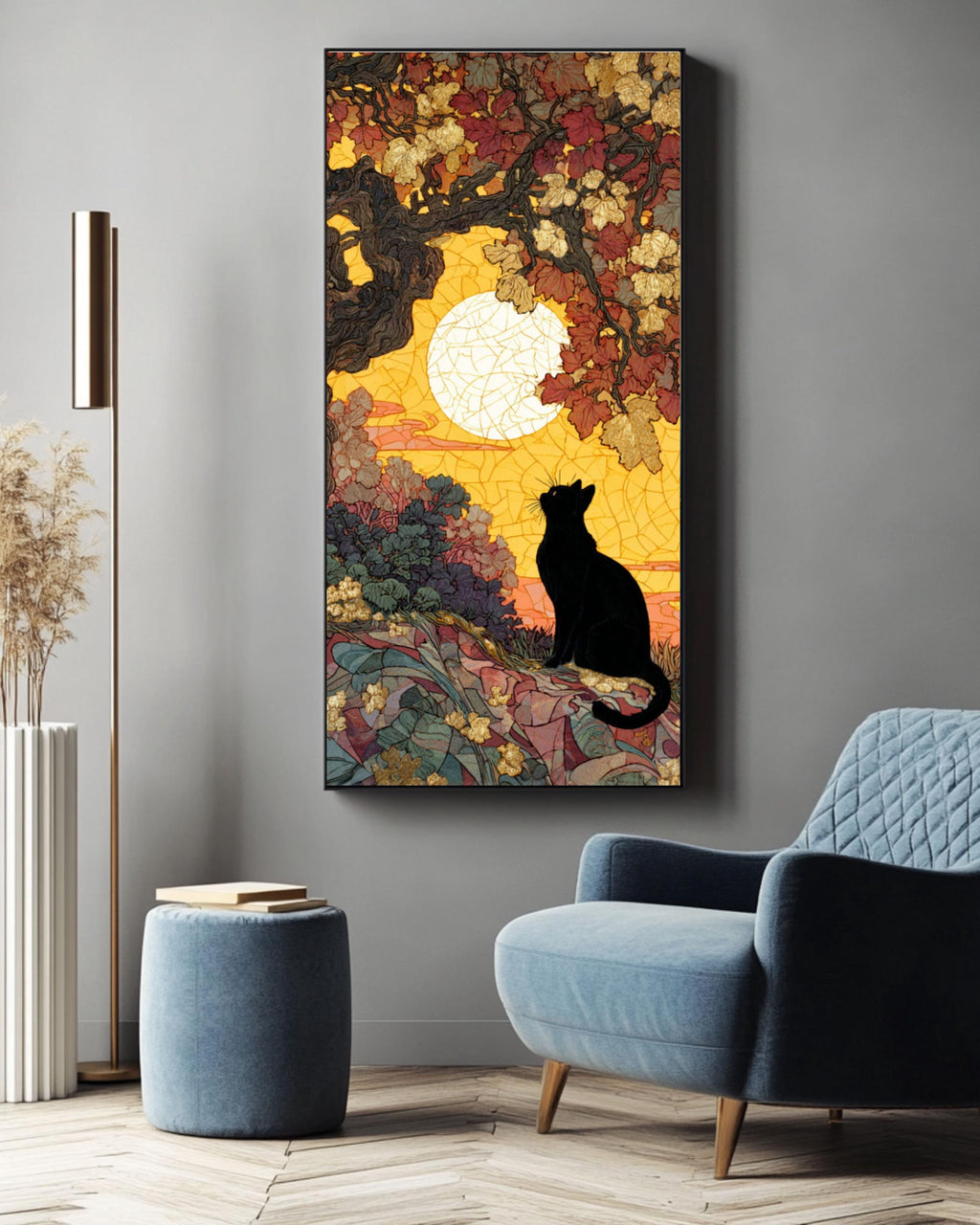 Black Cat Under Oak Tree Art Print: Mosaic Sunset, Gold Leaf Accents Canvas Wall Art – Modern Decor Print