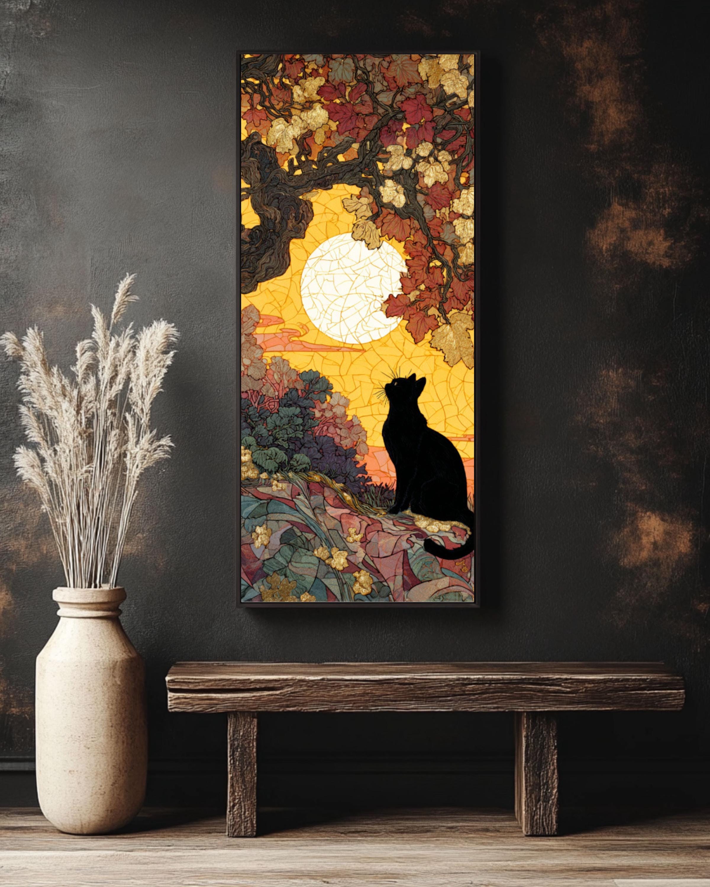Black Cat Under Oak Tree Art Print: Mosaic Sunset, Gold Leaf Accents Canvas Wall Art – Modern Decor Print