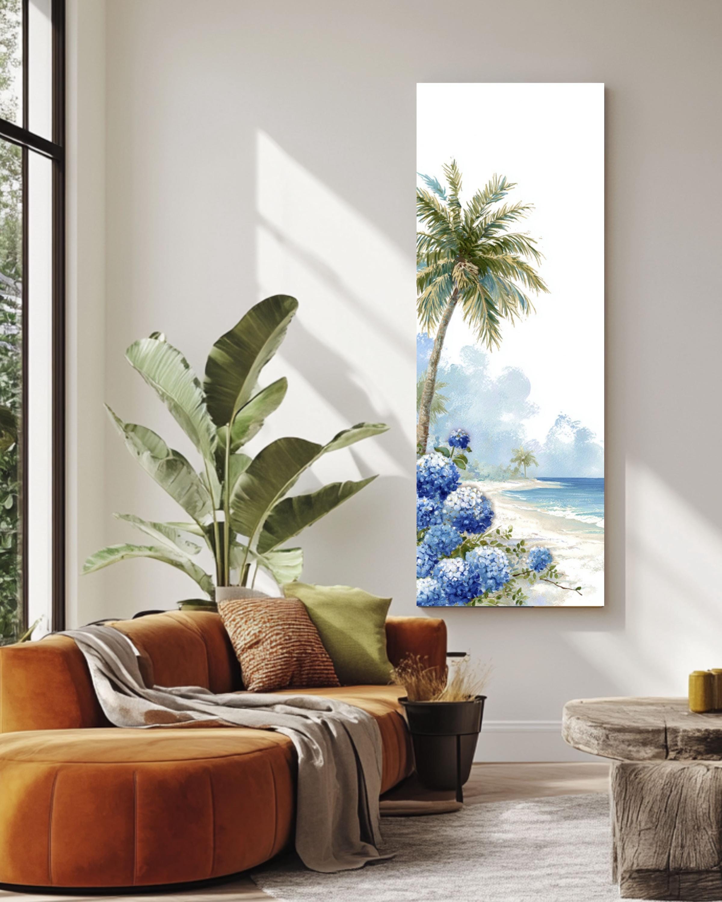 Tropical Beach Print: Palm Tree & Hydrangeas - Coastal Wall Art Canvas Wall Art – Modern Decor Print