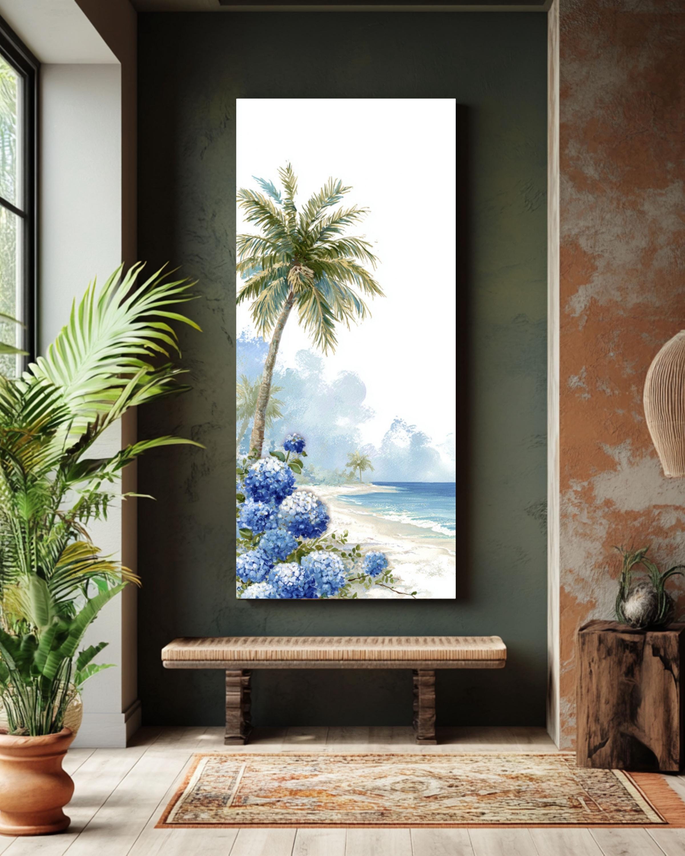 Tropical Beach Print: Palm Tree & Hydrangeas - Coastal Wall Art Canvas Wall Art – Modern Decor Print