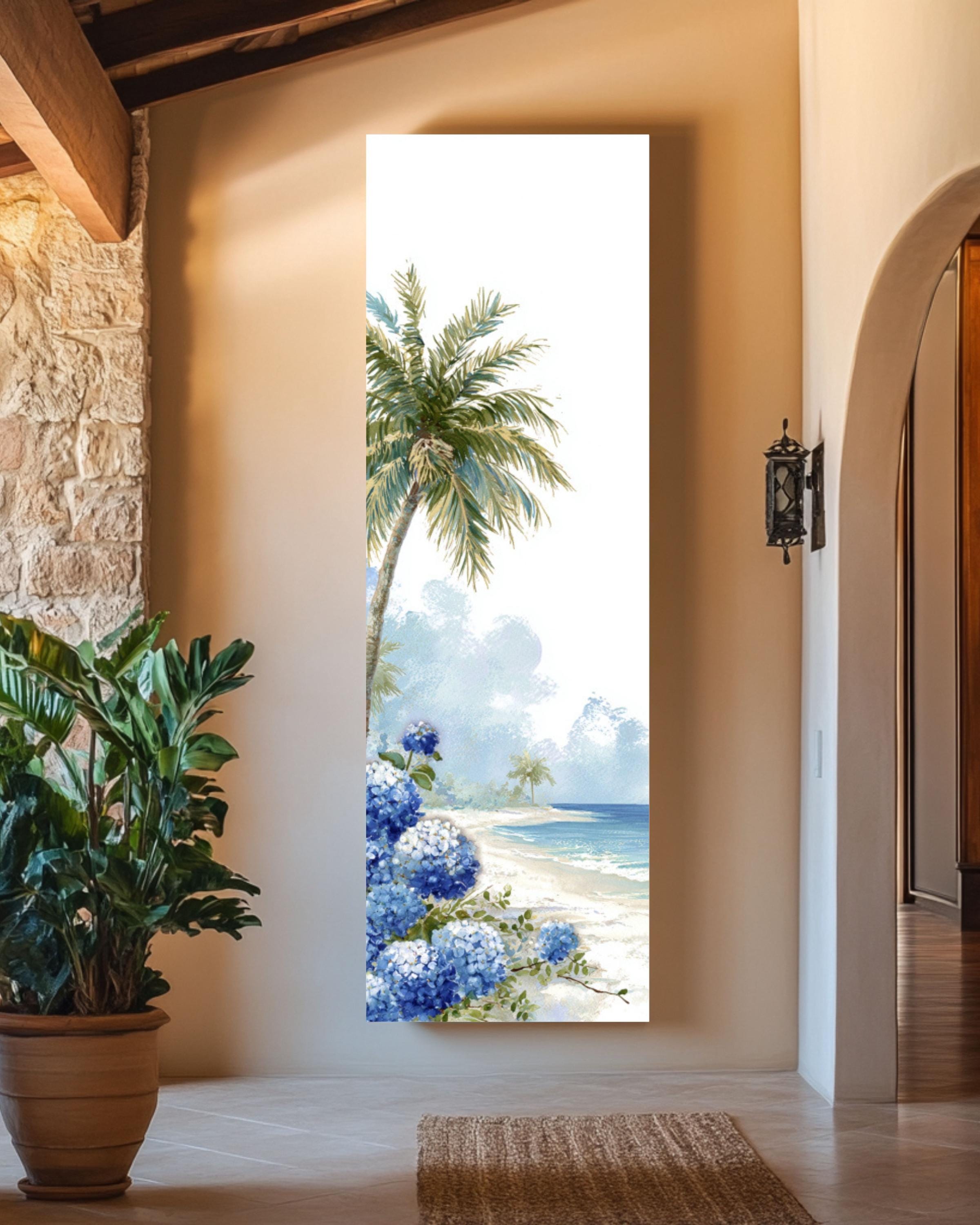 Tropical Beach Print: Palm Tree & Hydrangeas - Coastal Wall Art Canvas Wall Art – Modern Decor Print