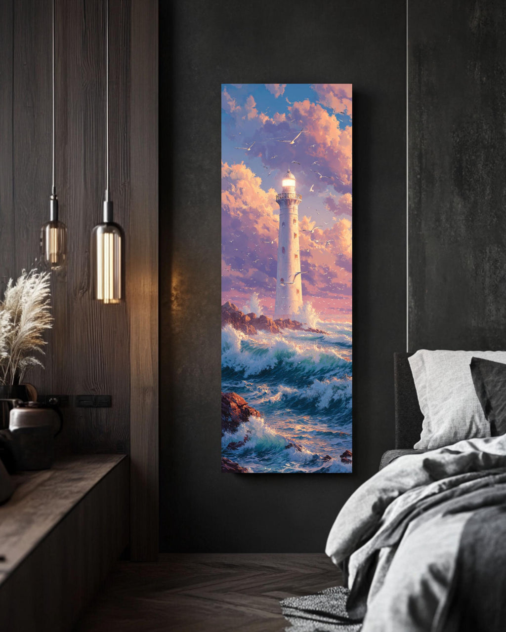 Bright Lighthouse Art: Coastal Anime Print - Waves & Seagulls Canvas Wall Art – Modern Decor Print