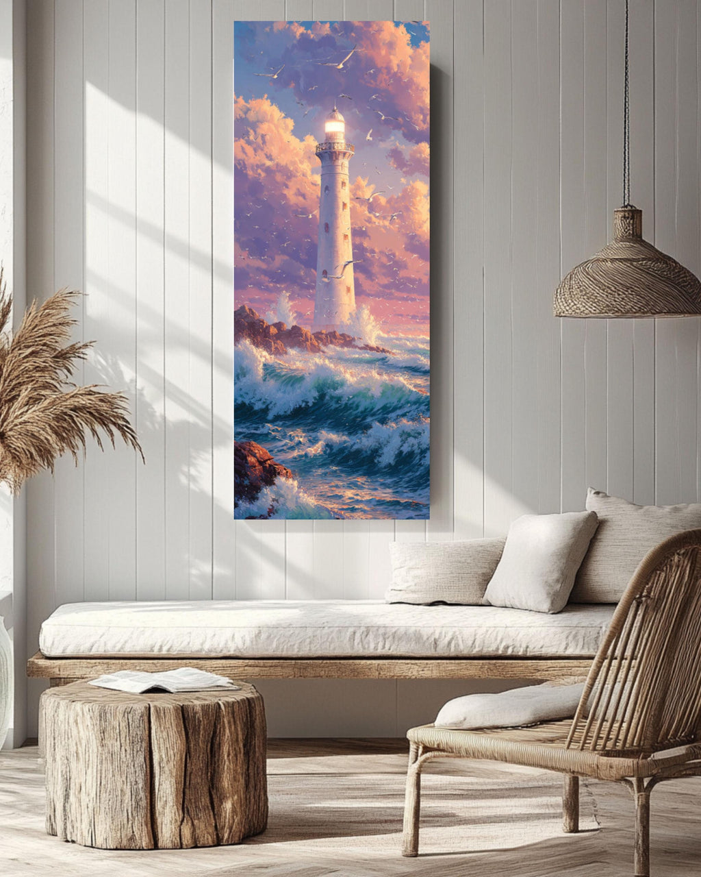 Bright Lighthouse Art: Coastal Anime Print - Waves & Seagulls Canvas Wall Art – Modern Decor Print