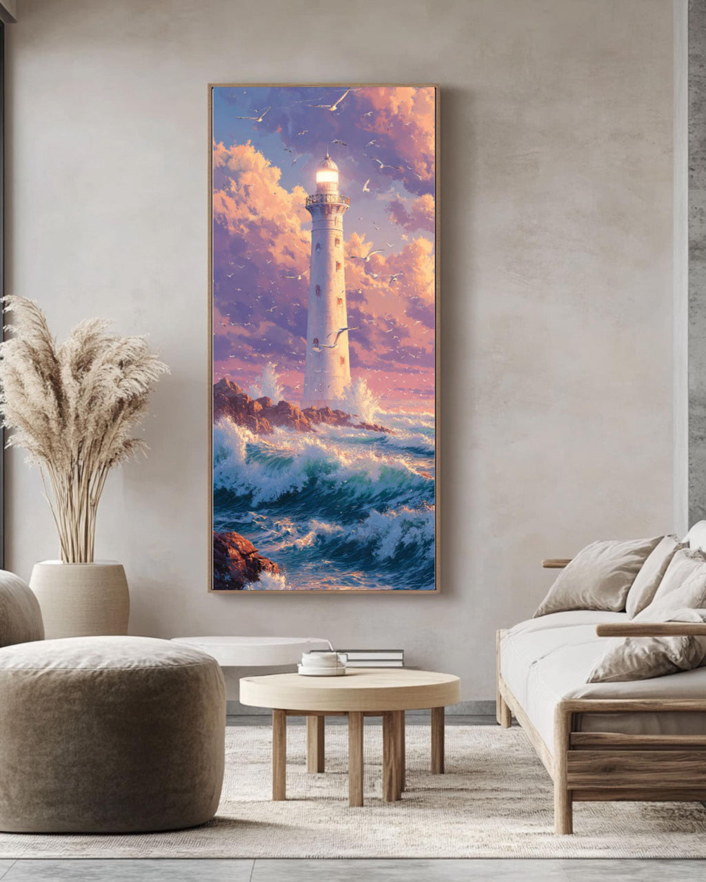 Bright Lighthouse Art: Coastal Anime Print - Waves & Seagulls Canvas Wall Art – Modern Decor Print