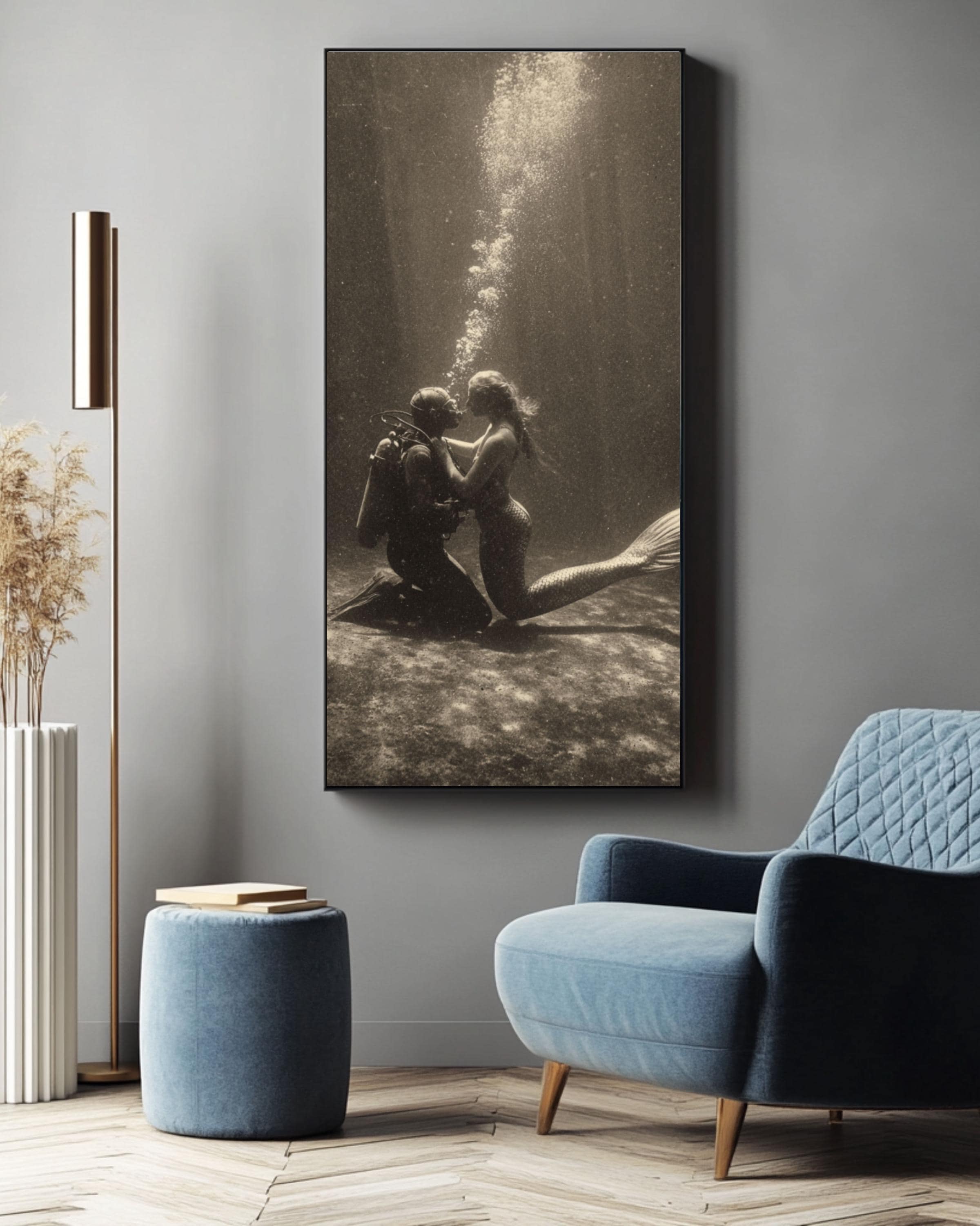 Vintage Mermaid and Diver Print - Sepia Underwater Love Scene Canvas Wall Art Print – Premium Home Decor