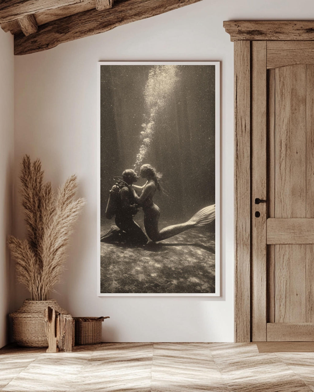 Vintage Mermaid and Diver Print - Sepia Underwater Love Scene Canvas Wall Art Print – Premium Home Decor