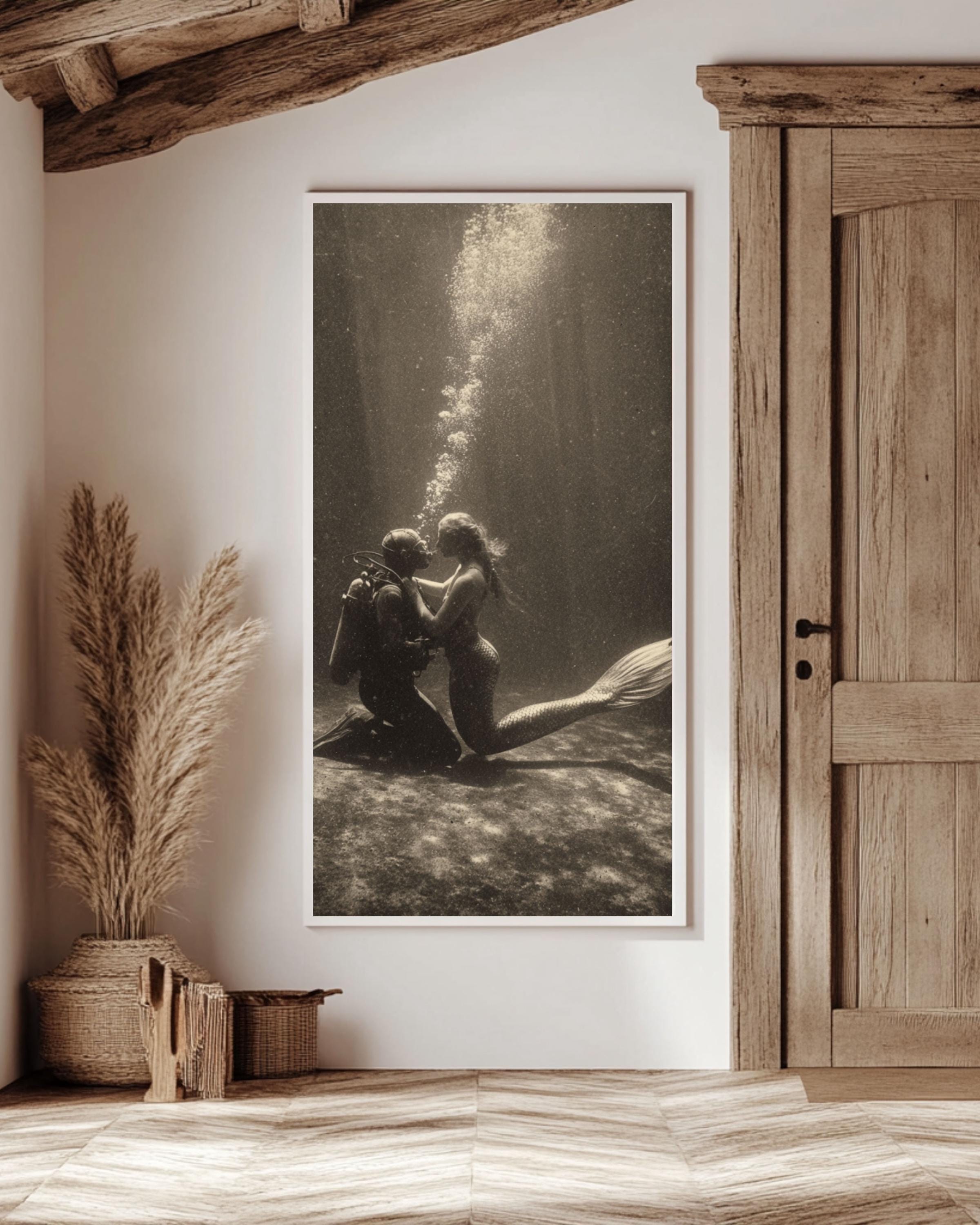 Vintage Mermaid and Diver Print - Sepia Underwater Love Scene Canvas Wall Art Print – Premium Home Decor