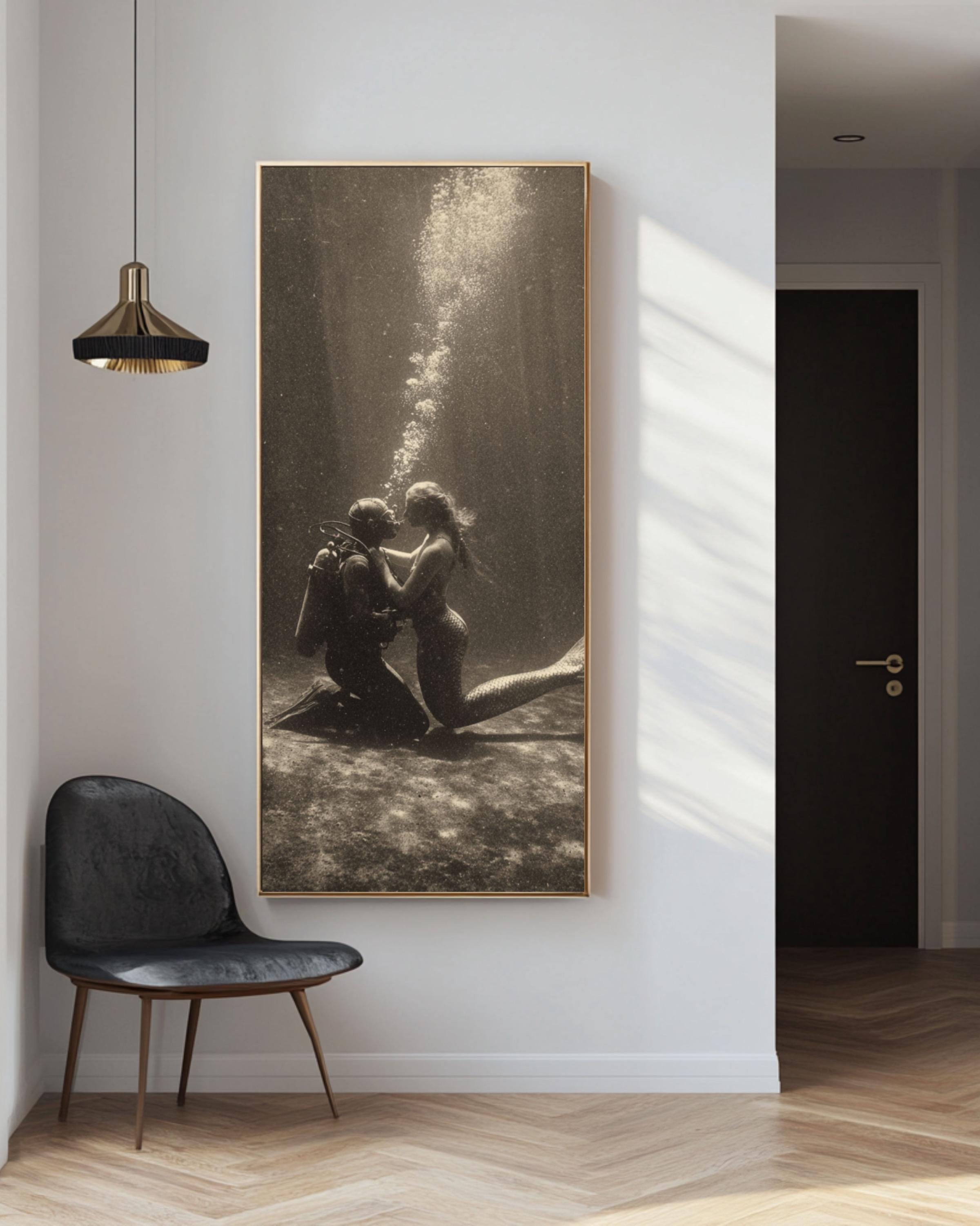 Vintage Mermaid and Diver Print - Sepia Underwater Love Scene Canvas Wall Art Print – Premium Home Decor