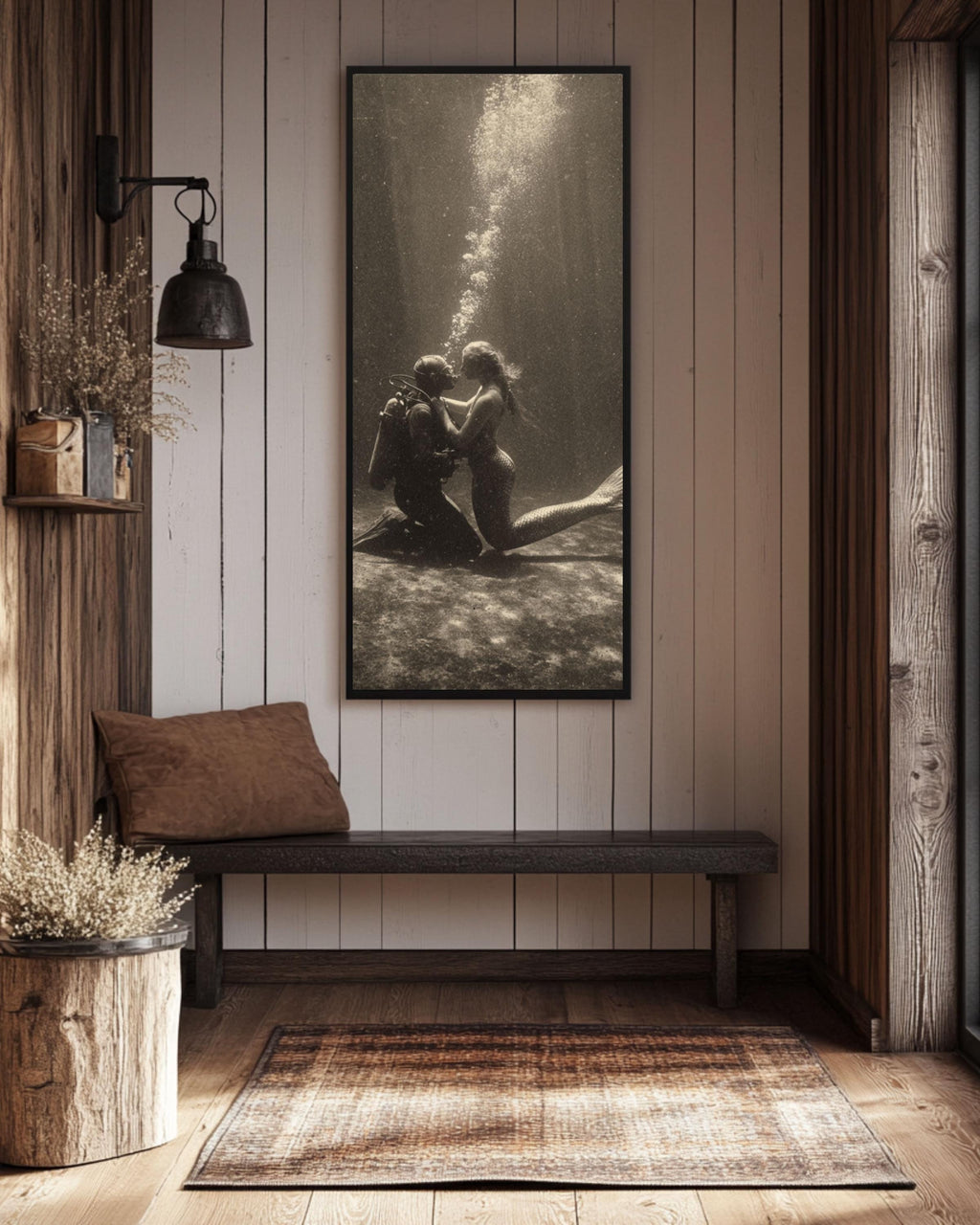Vintage Mermaid and Diver Print - Sepia Underwater Love Scene Canvas Wall Art Print – Premium Home Decor