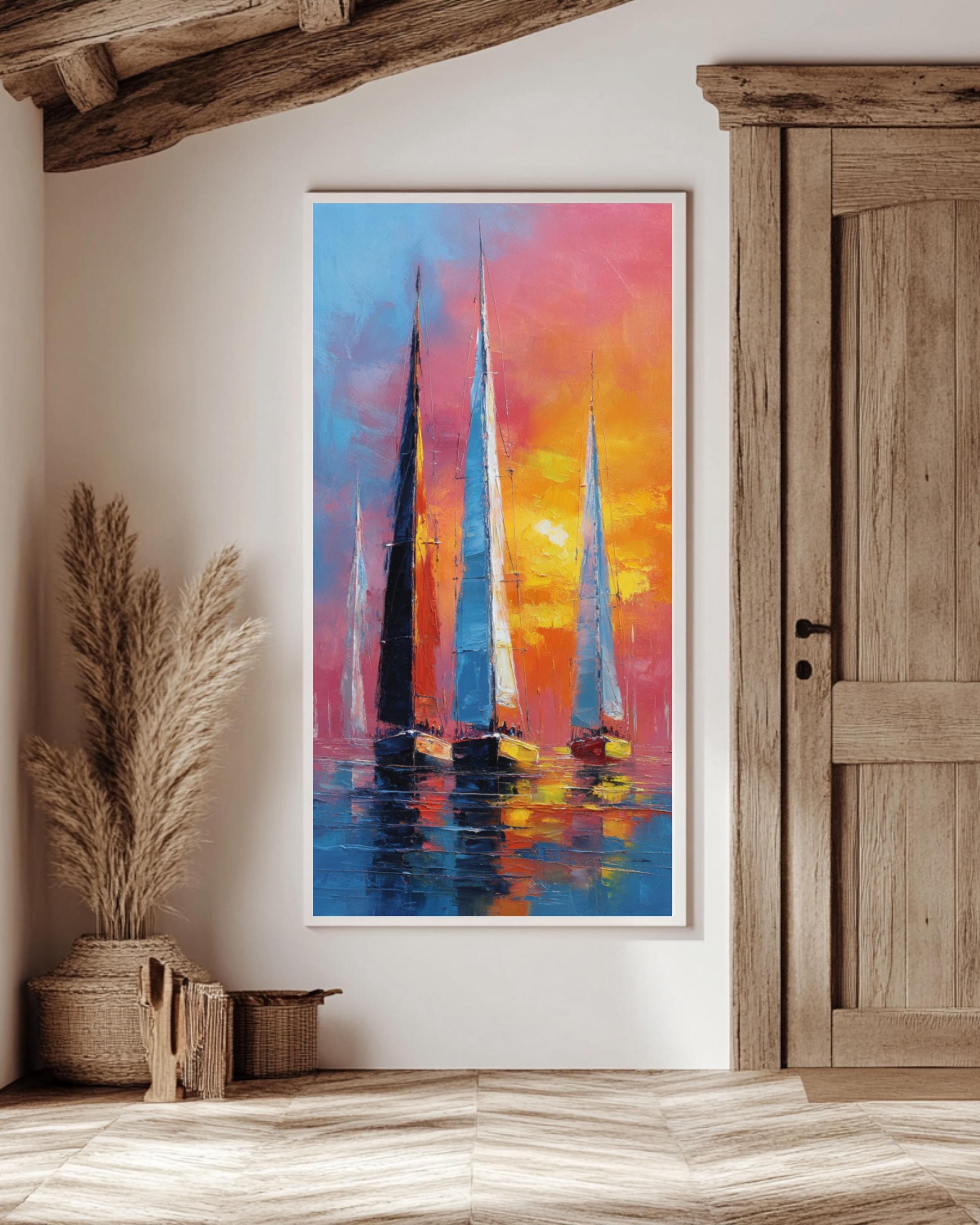 Abstract Sailboat Racing Art: Colorful Sea Reflections - Nautical Print Canvas Wall Art – Modern Decor Print