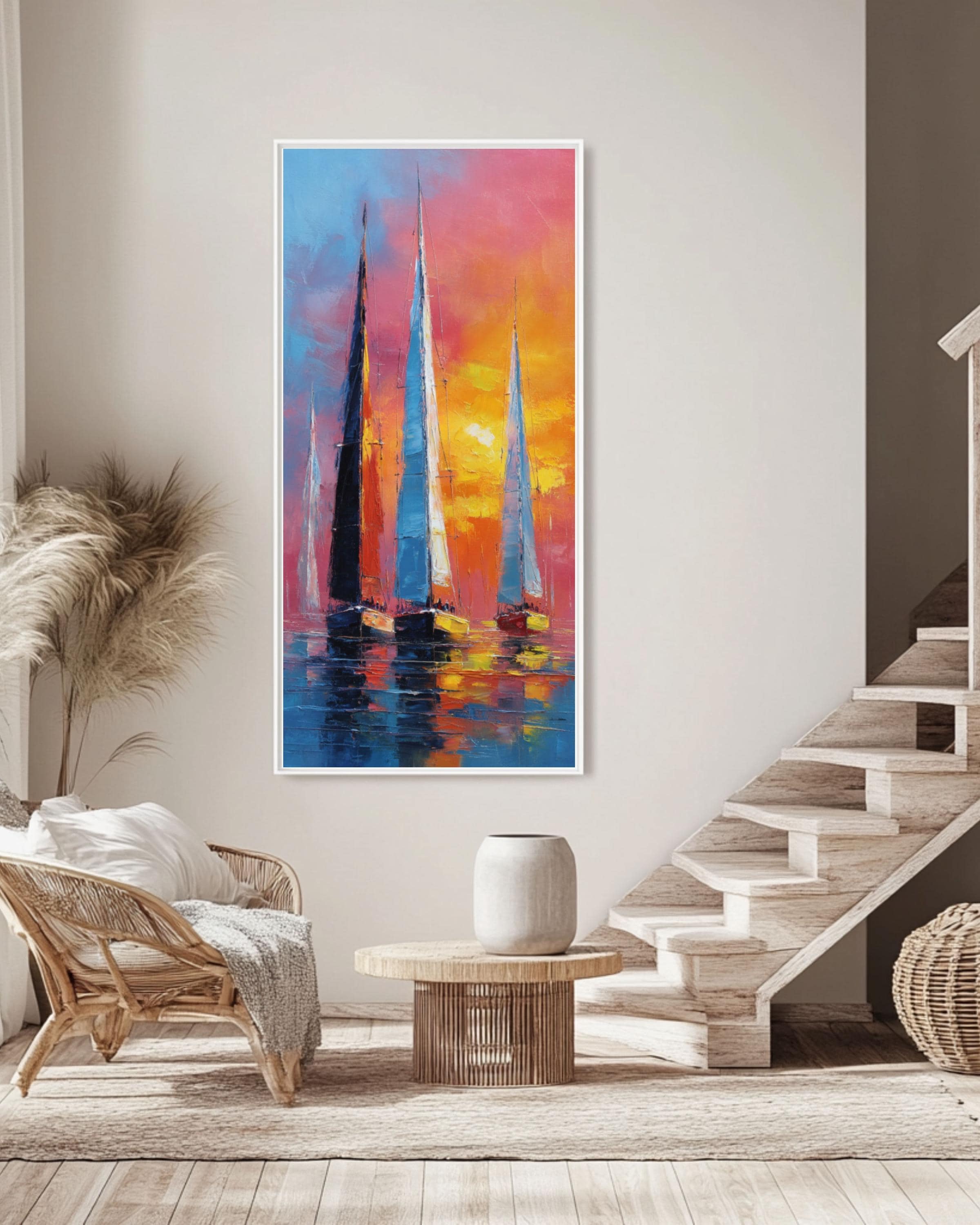 Abstract Sailboat Racing Art: Colorful Sea Reflections - Nautical Print Canvas Wall Art – Modern Decor Print