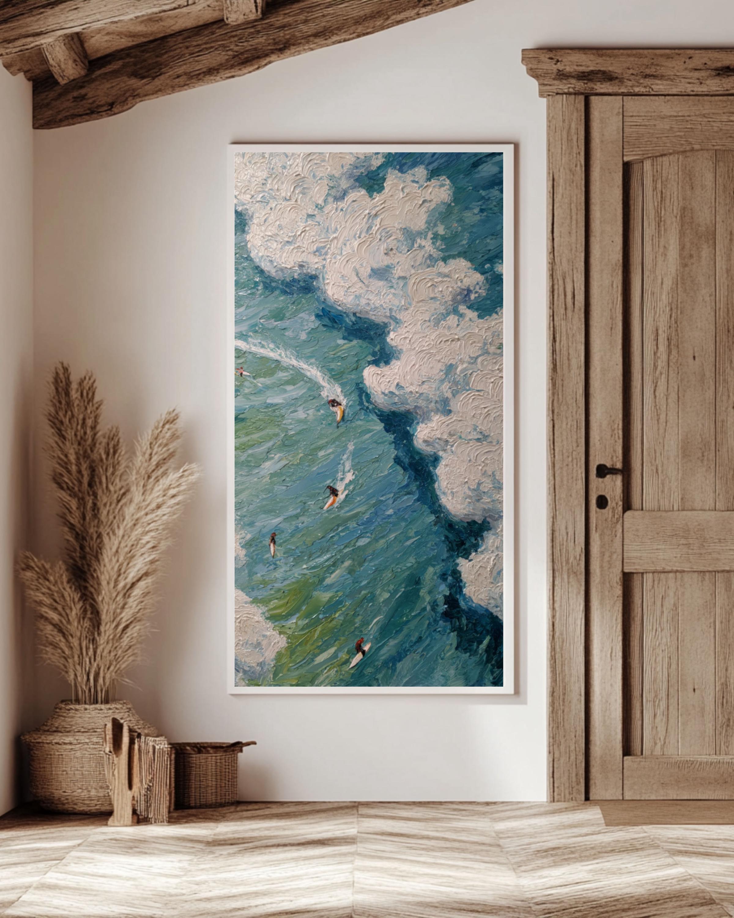 Impasto Surfing Ocean Art Print: Matisse-Inspired Coastal Scene Canvas Wall Art Print – Premium Home Decor