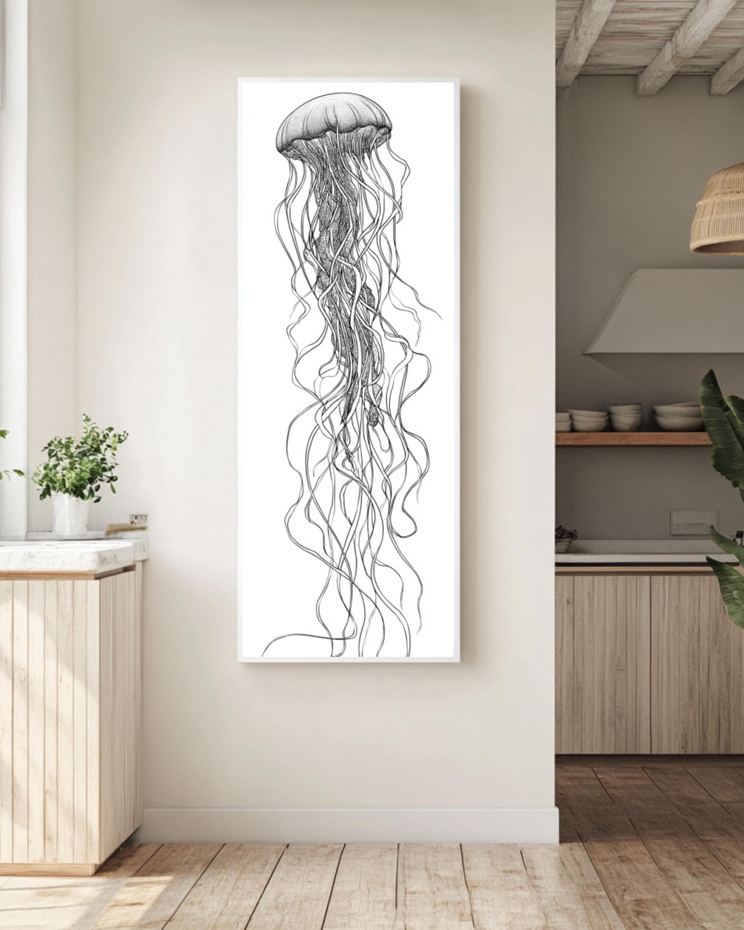 Minimalist Jellyfish Line Art Print: Modern Nautical Wall Decor Canvas Wall Art – Modern Decor Print