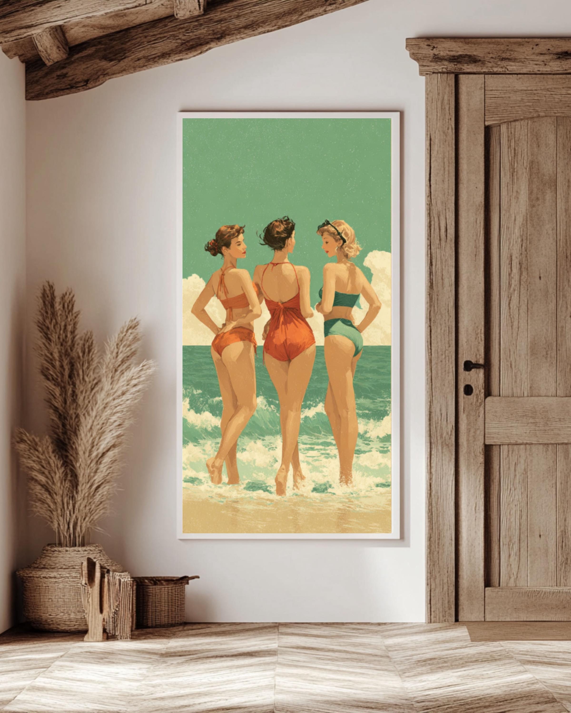 Retro Beach Print: Vintage Swimsuits, Green Sea Coastal Wall Art Canvas Wall Art – Modern Decor Print