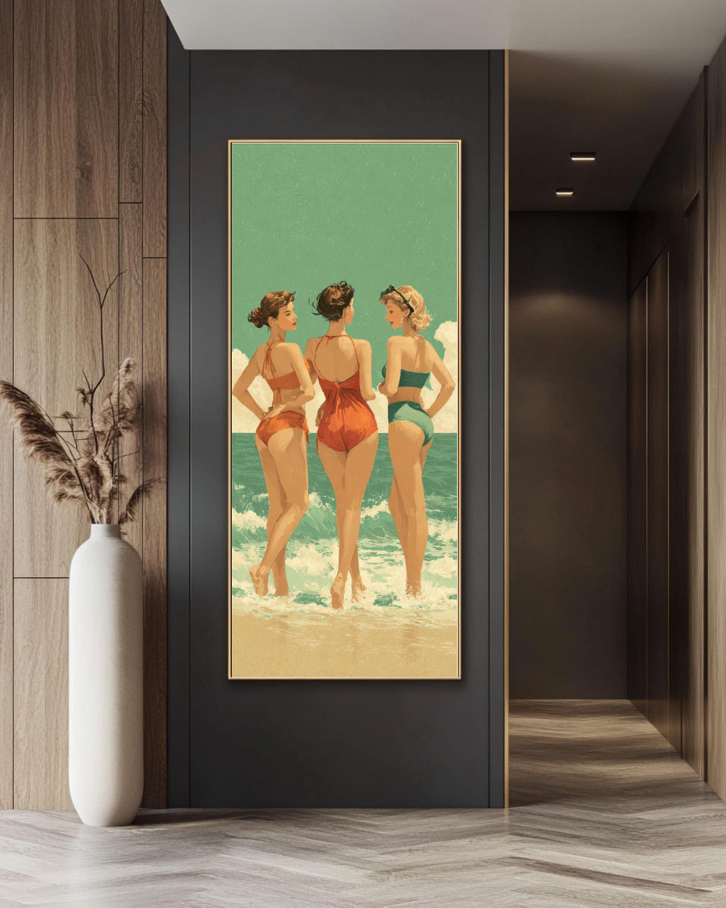 Retro Beach Print: Vintage Swimsuits, Green Sea Coastal Wall Art Canvas Wall Art – Modern Decor Print